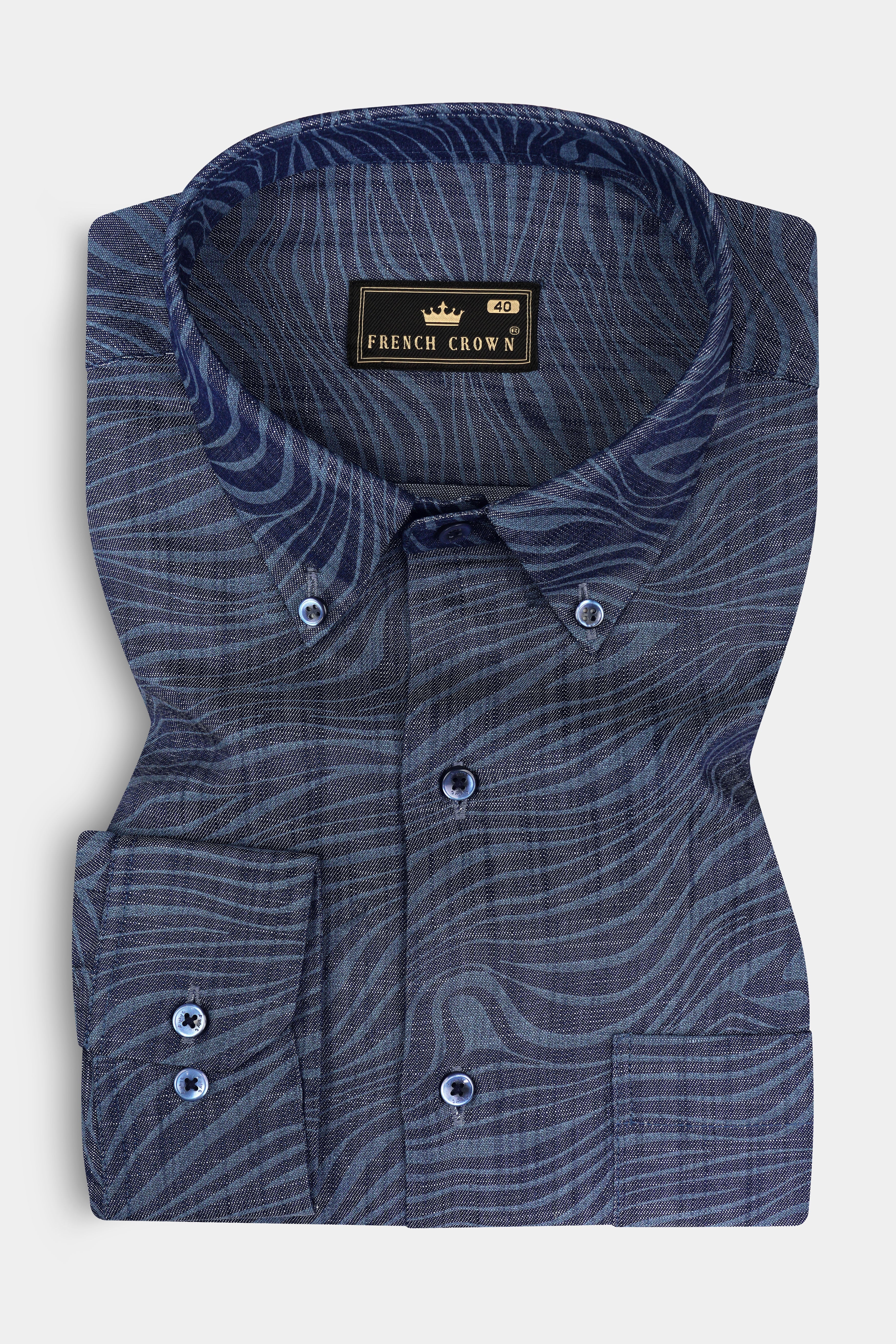 Mirage Blue Printed Chambray Premium Cotton Denim Shirt