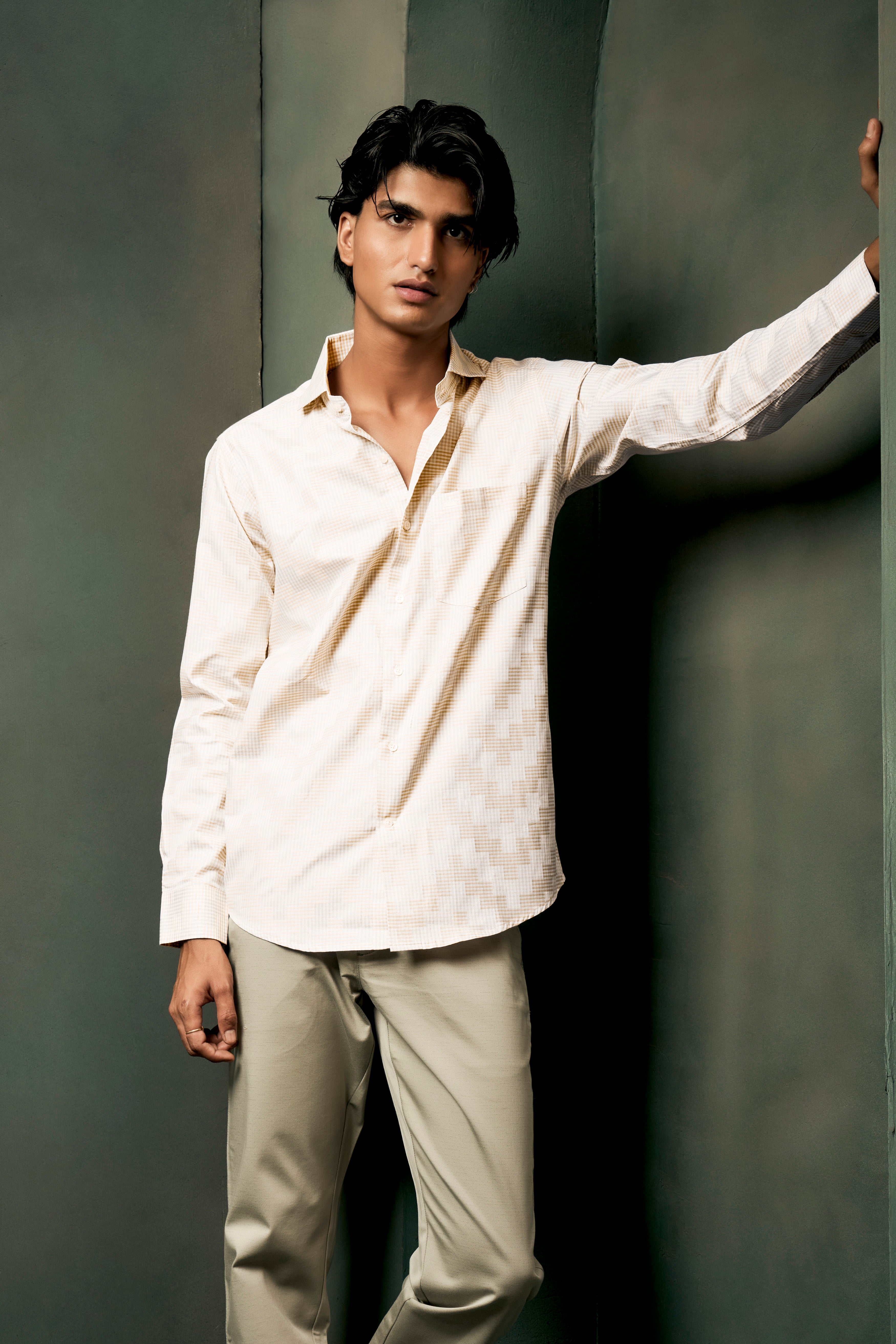 Givry Cream Jacquard Textured Premium Cotton Shirt