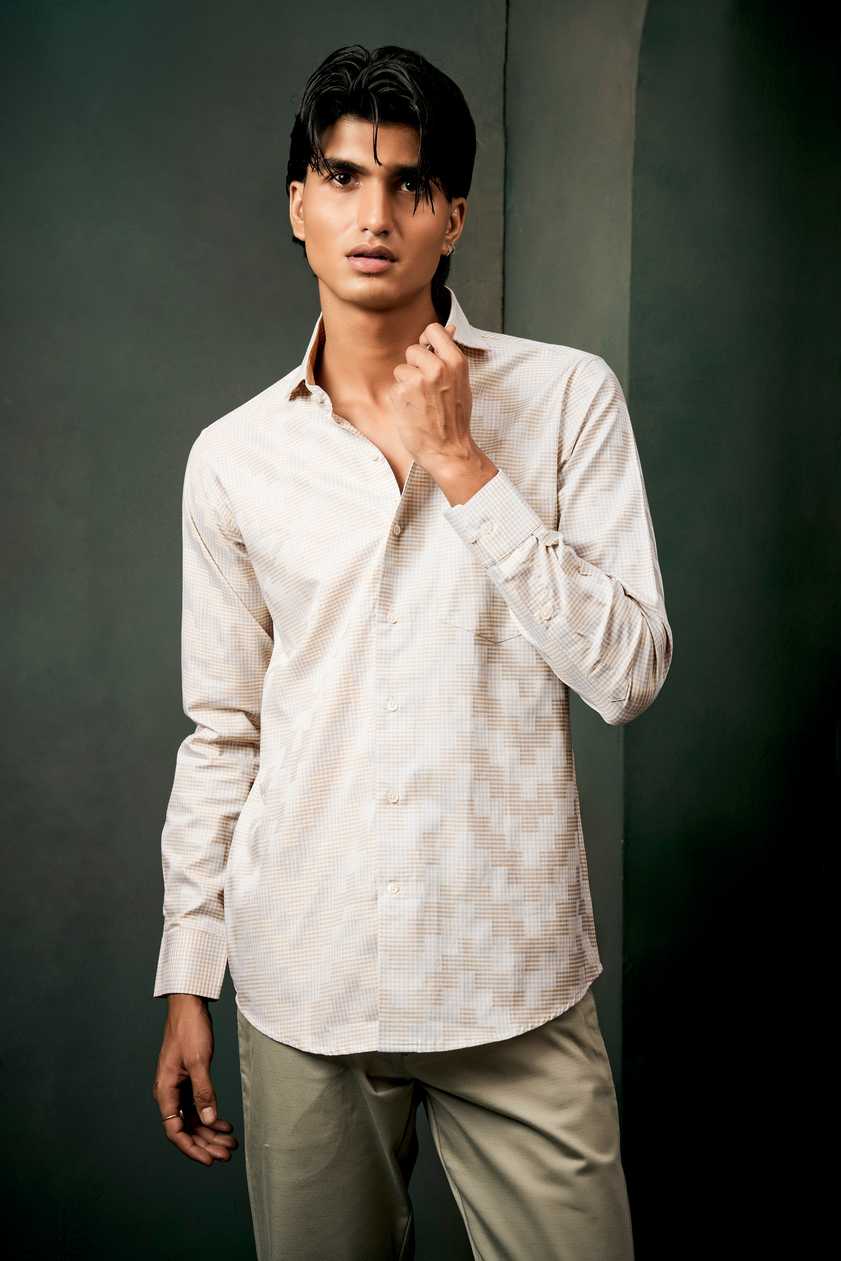 Givry Cream Jacquard Textured Premium Cotton Shirt