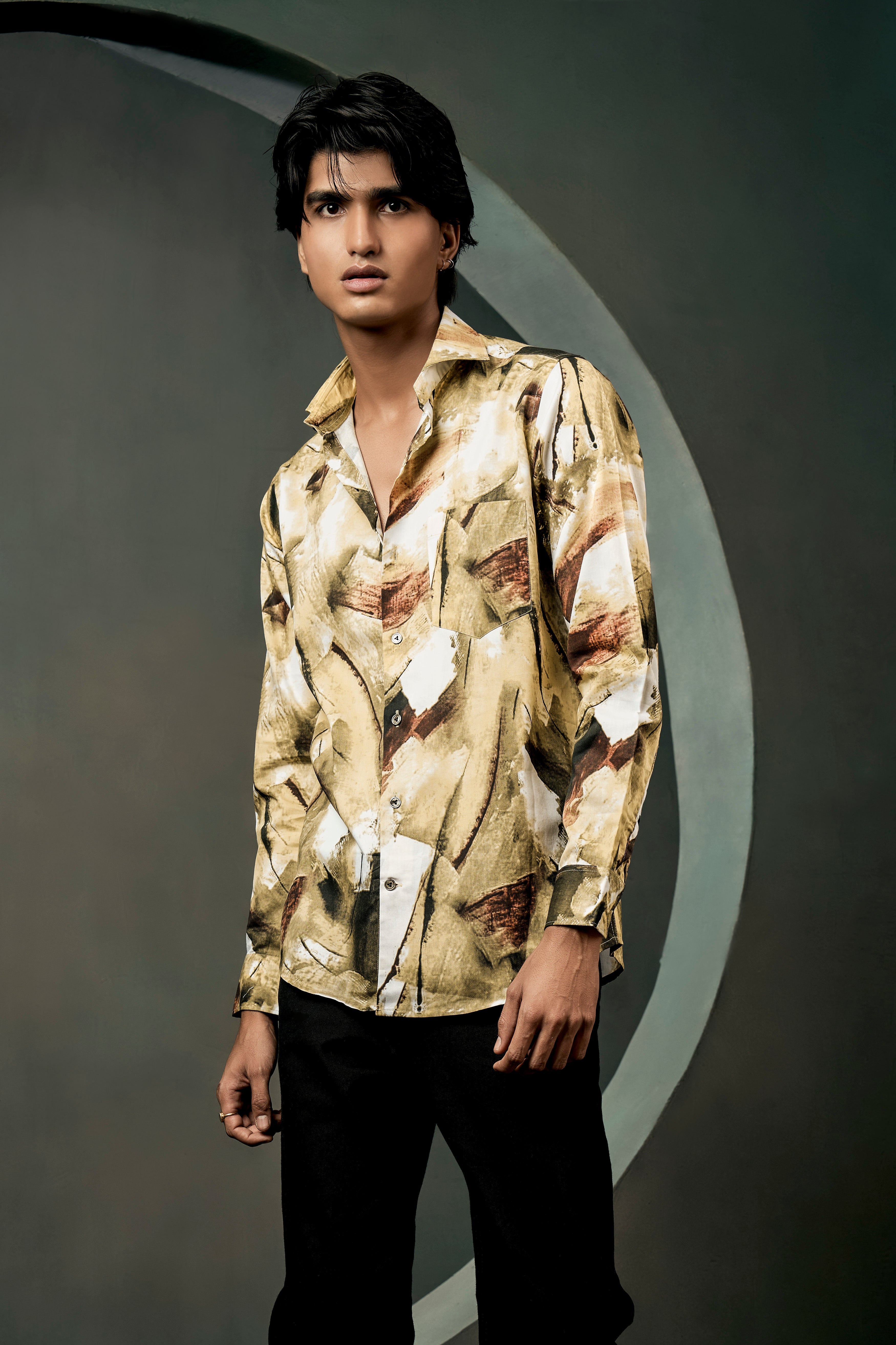 Camel Brown And Irish Maroon Abstract Dusty Printed Premium Cotton Shirt