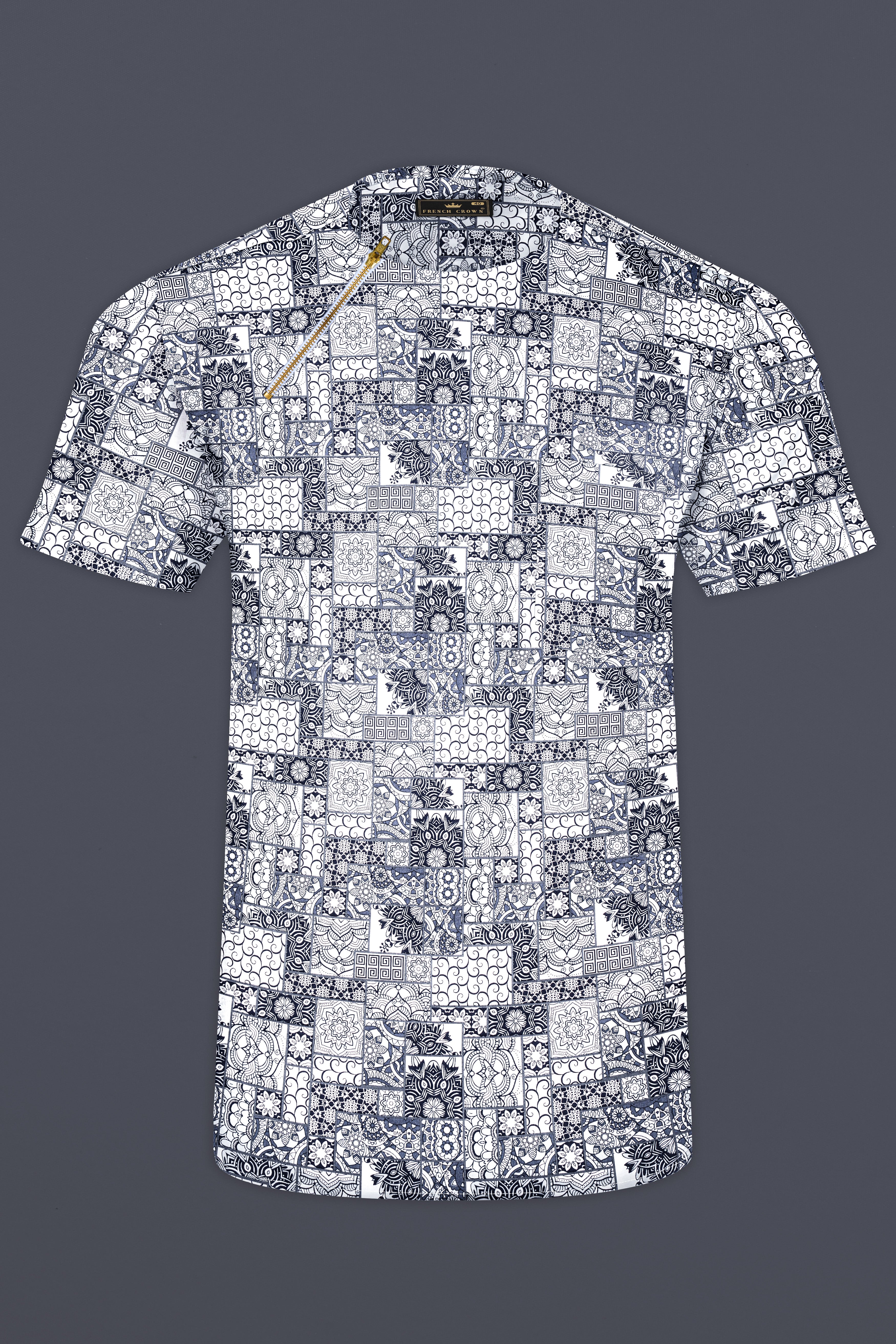 Comet Gray And Bright White Ethnic Motifs Printed Subtle Sheen Super Soft Premium Cotton Designer Shirt