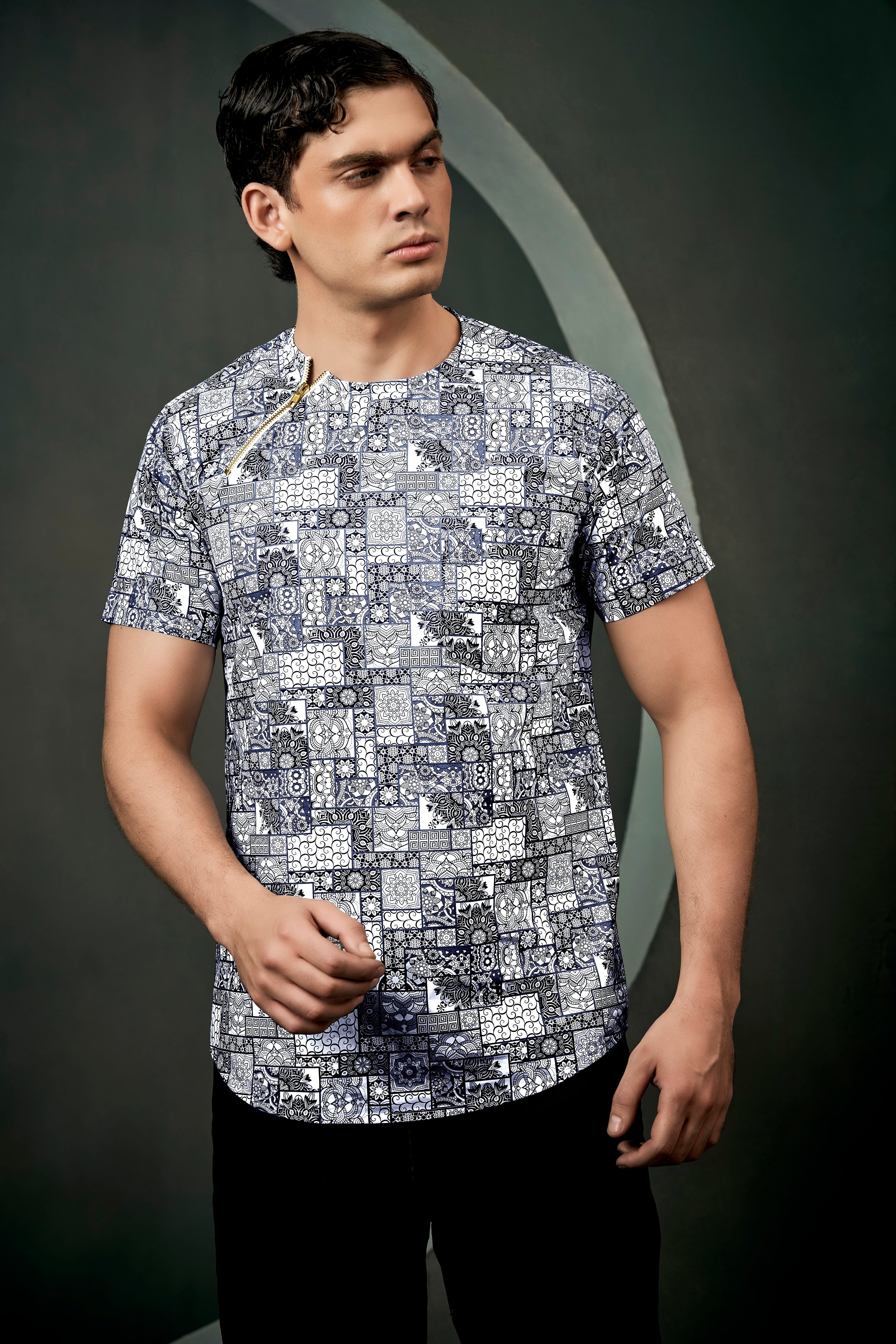 Comet Gray And Bright White Ethnic Motifs Printed Subtle Sheen Super Soft Premium Cotton Designer Shirt