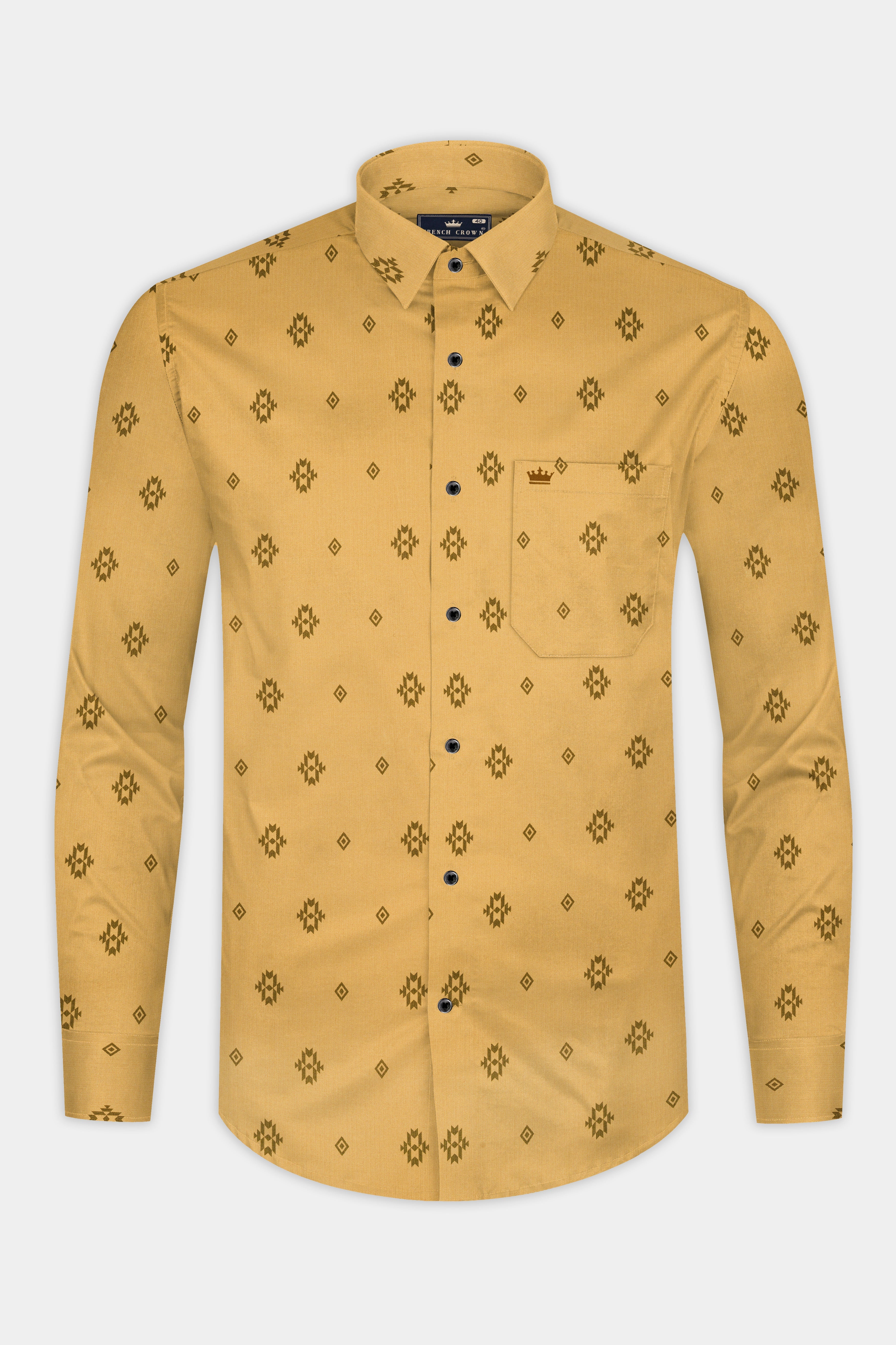 Tacao Yellow Printed Corduroy Designer Shirt