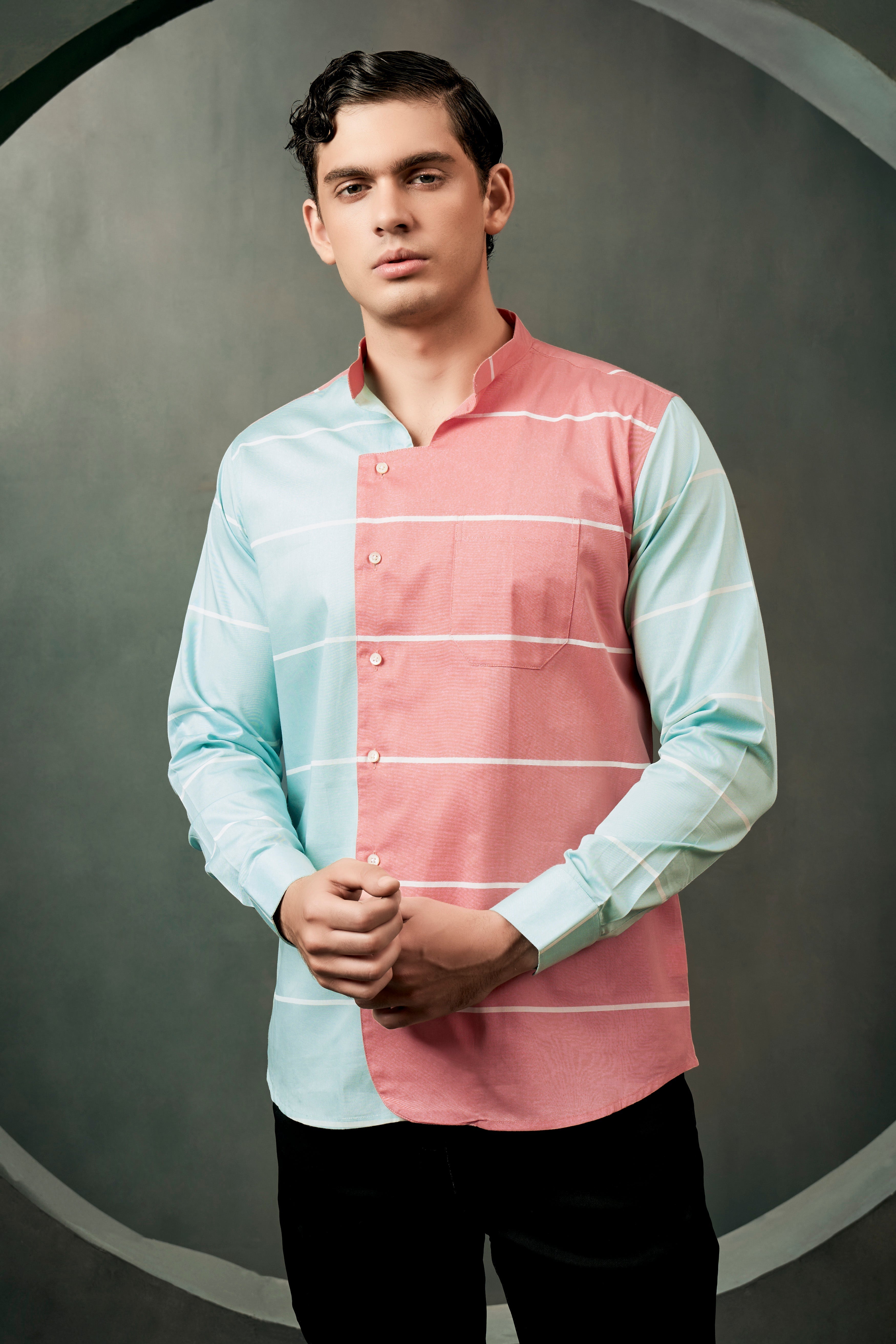 Bizarre Pink And Mercury Blue Striped Oxford Premium Cotton Designer Shirt