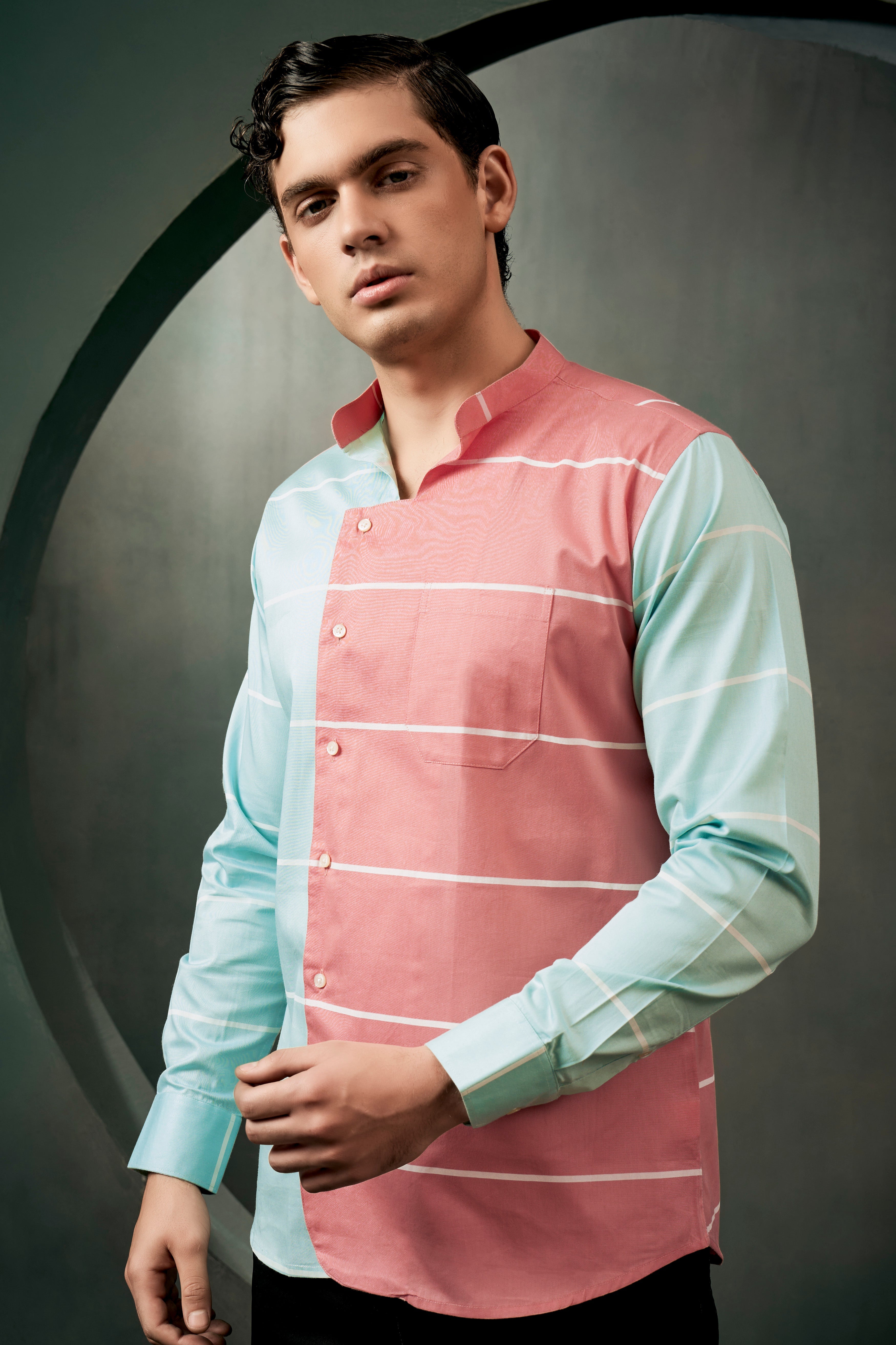 Bizarre Pink And Mercury Blue Striped Oxford Premium Cotton Designer Shirt