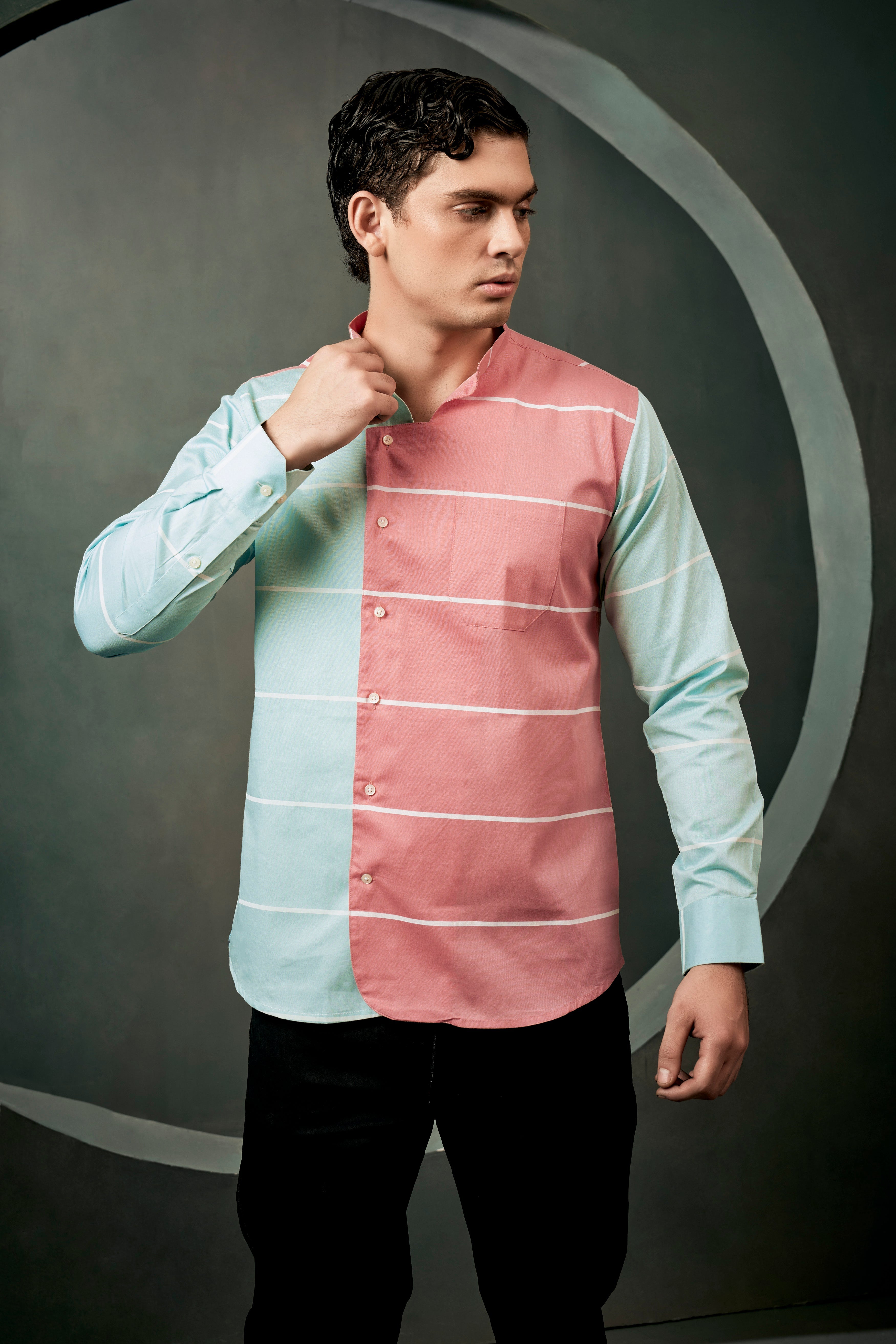 Bizarre Pink And Mercury Blue Striped Oxford Premium Cotton Designer Shirt