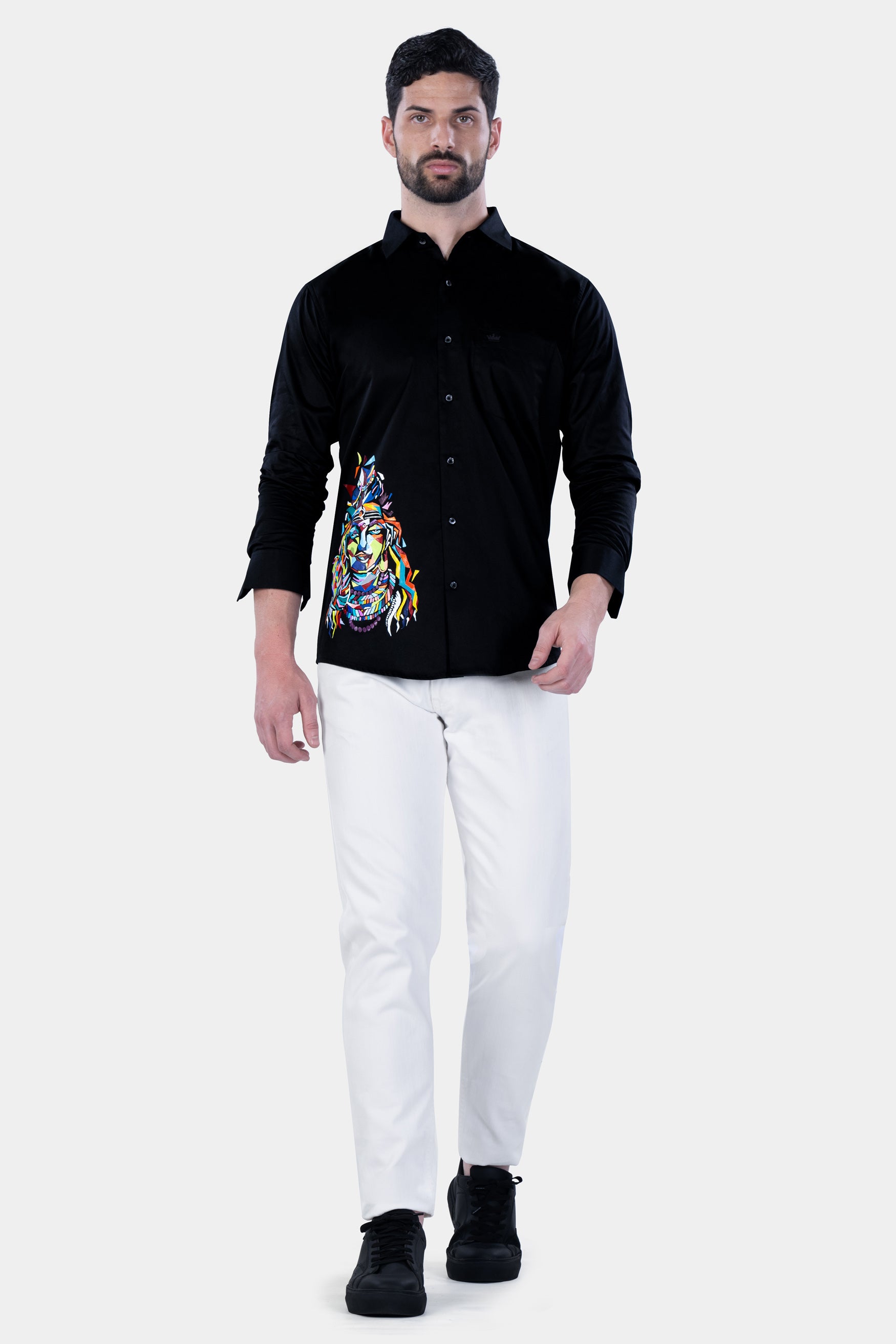 Jade Black Multicoloured Lord Shiva Hand Painted Subtle Sheen Super Soft Premium Cotton Designer Shirt