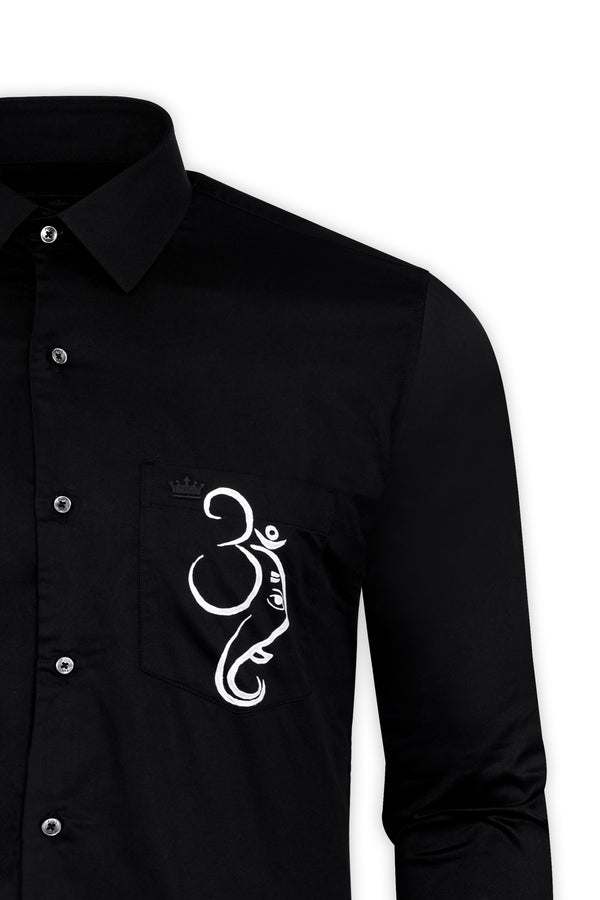 Jade Black with OM and Lord Ganesh Hand Painted Subtle Sheen Super Soft Premium Cotton Designer Shirt