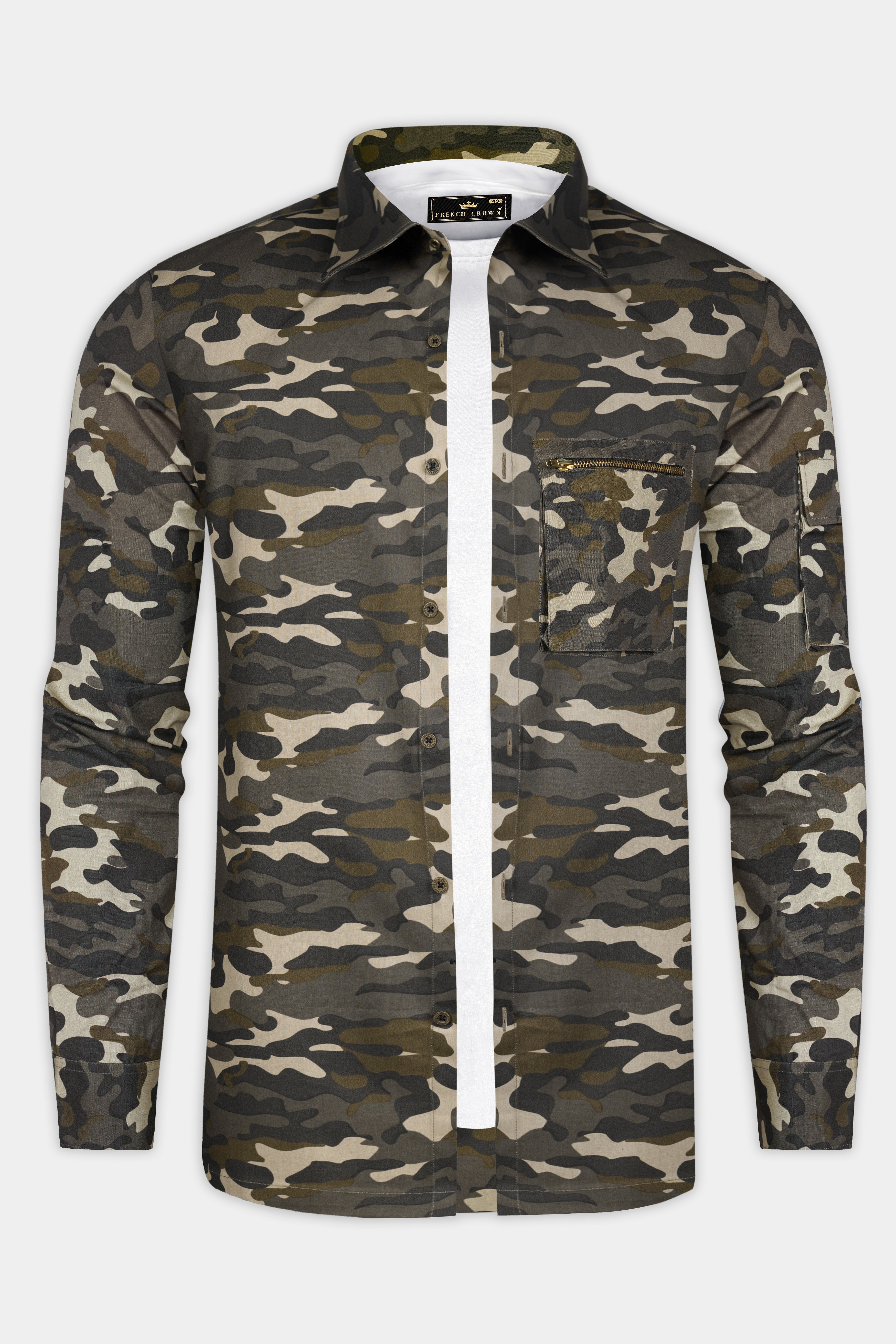 Birch Brown And Pavlova Cream Camouflage Military Printed Oxford Premium Cotton Designer Overshirt/Shacket