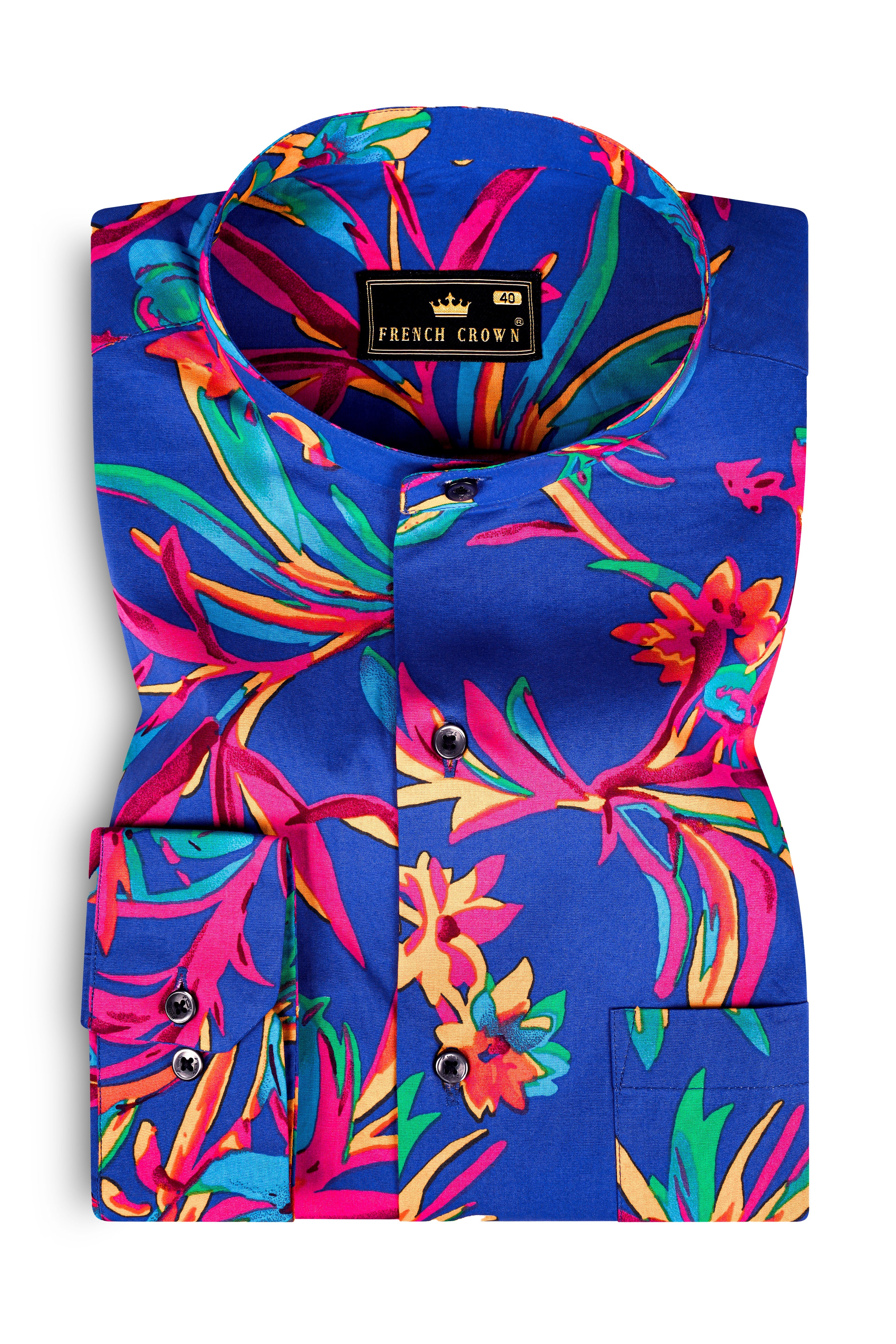 Sapphire Blue And Cerise Rose Floral Printed Premium Giza Cotton Shirt