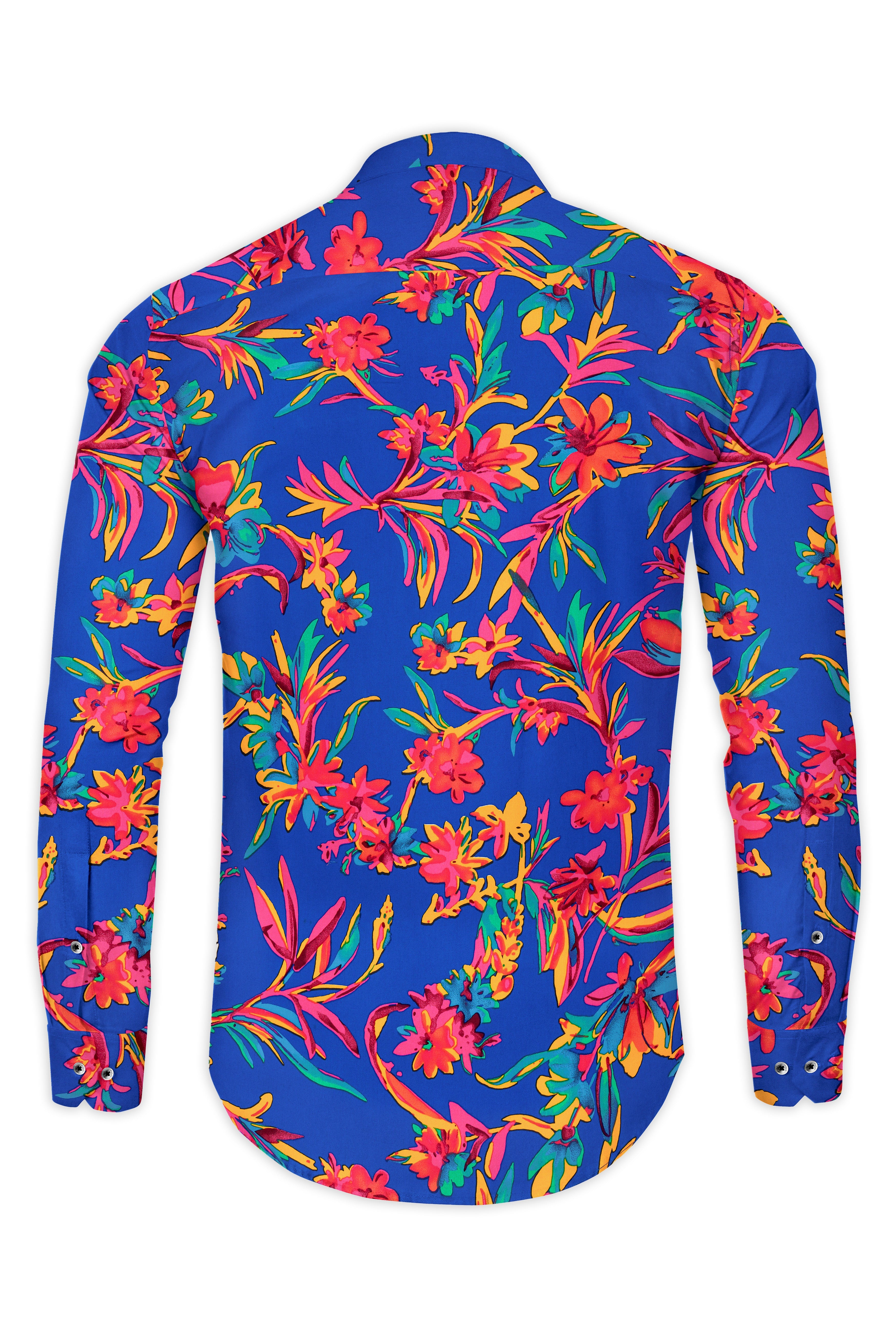 Sapphire Blue And Cerise Rose Floral Printed Premium Giza Cotton Shirt