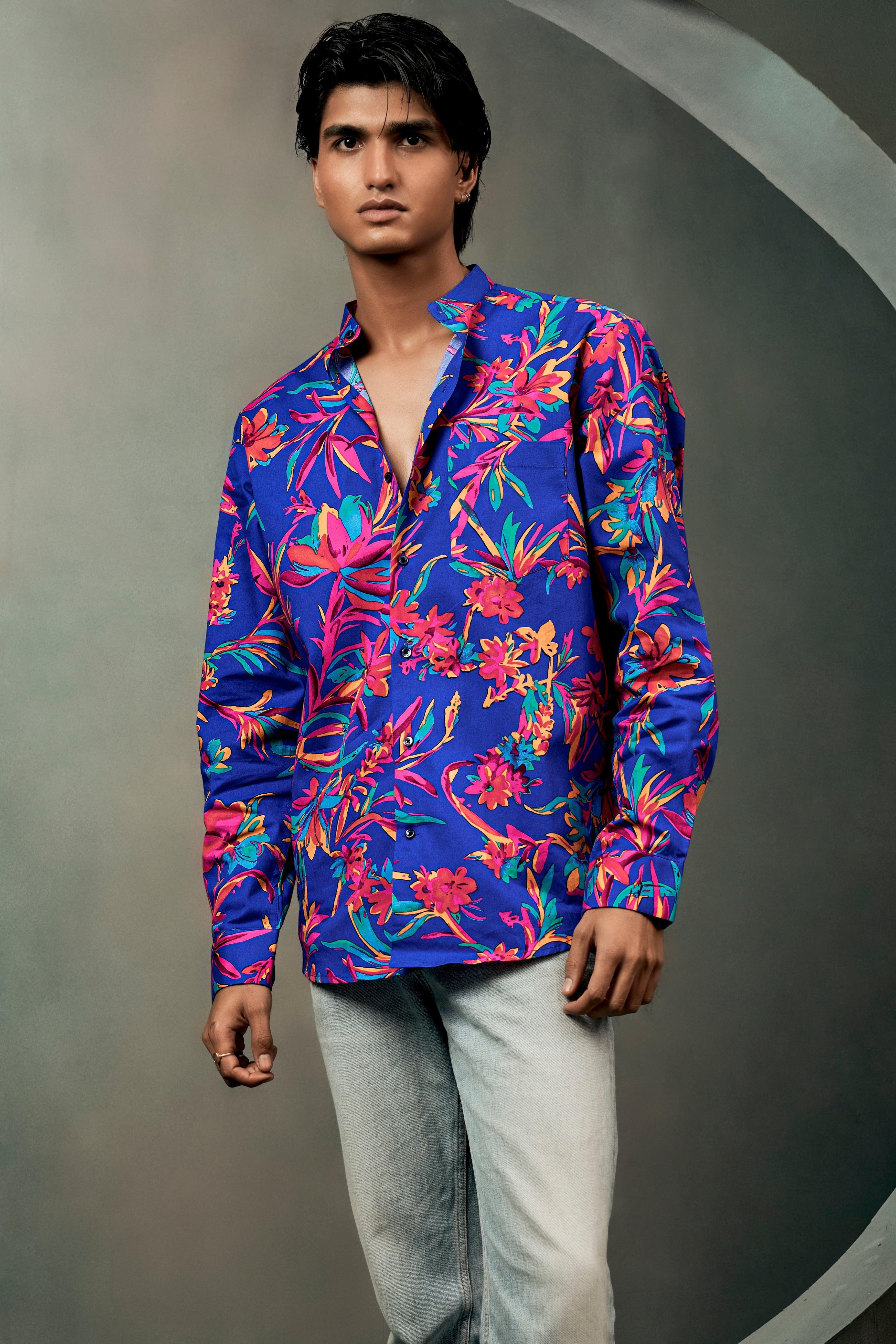 Sapphire Blue And Cerise Rose Floral Printed Premium Giza Cotton Shirt