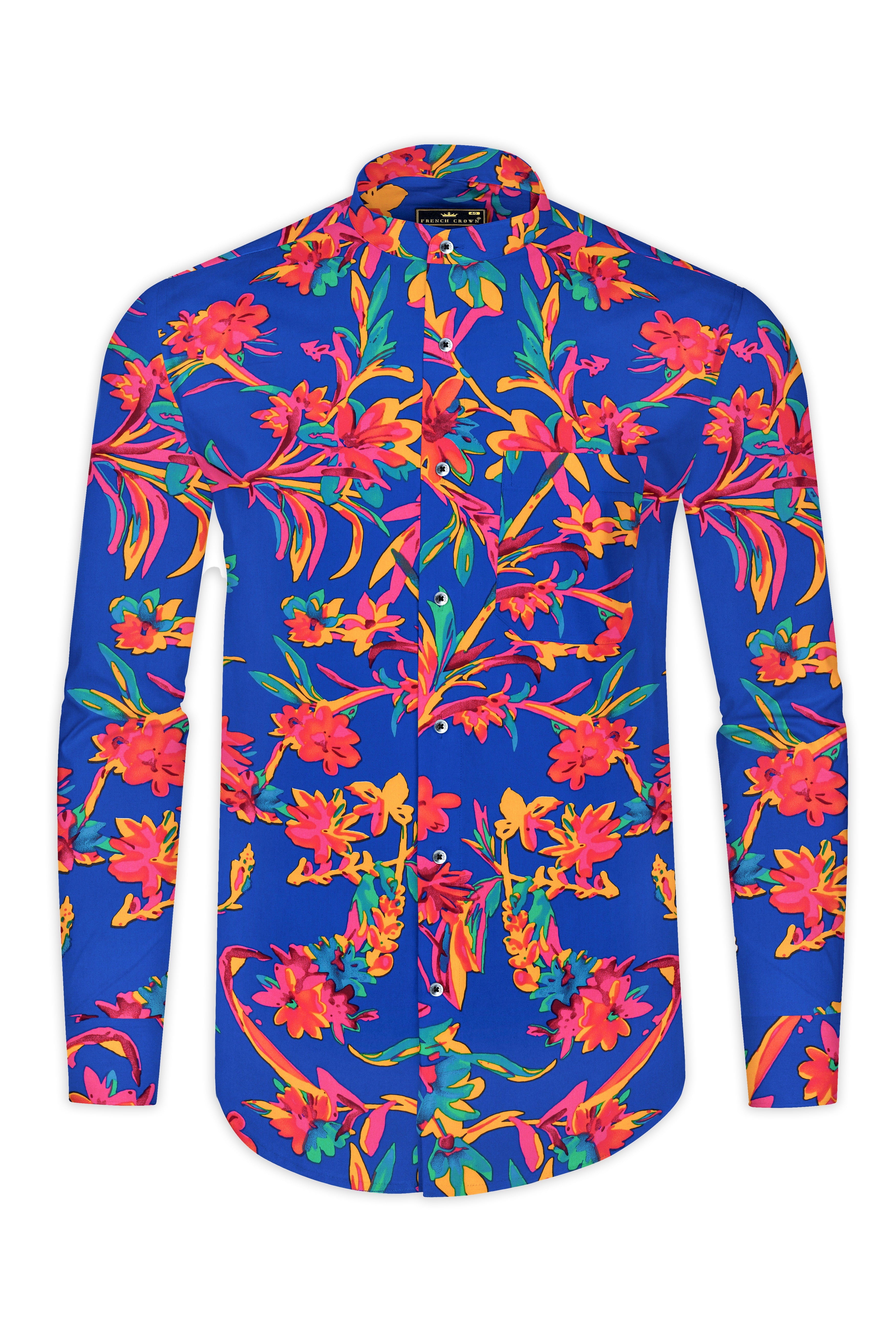 Sapphire Blue And Cerise Rose Floral Printed Premium Giza Cotton Shirt