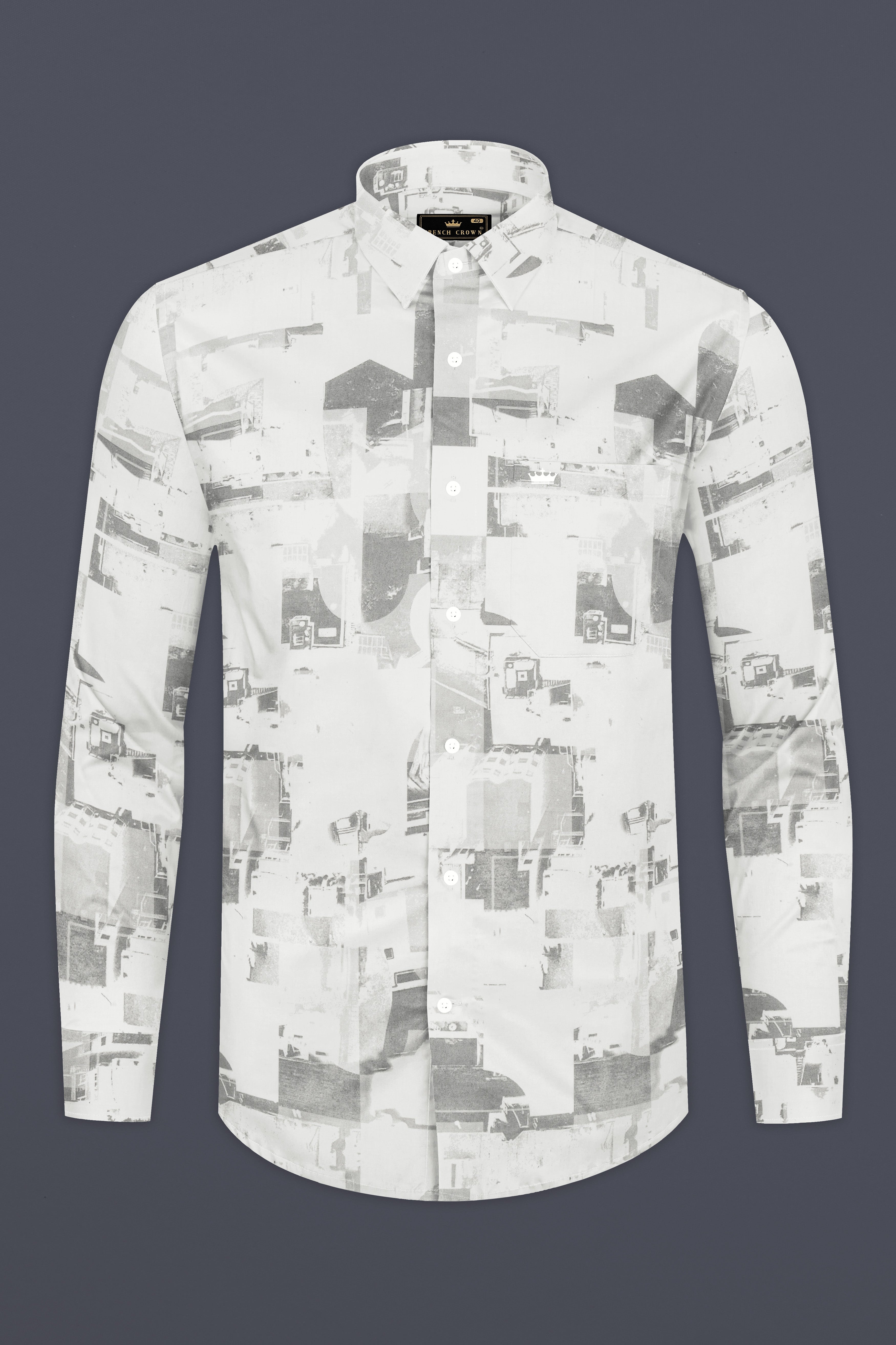 Bright White And Flint Gray Abstract Printed Subtle Sheen Super Soft Premium Cotton Shirt