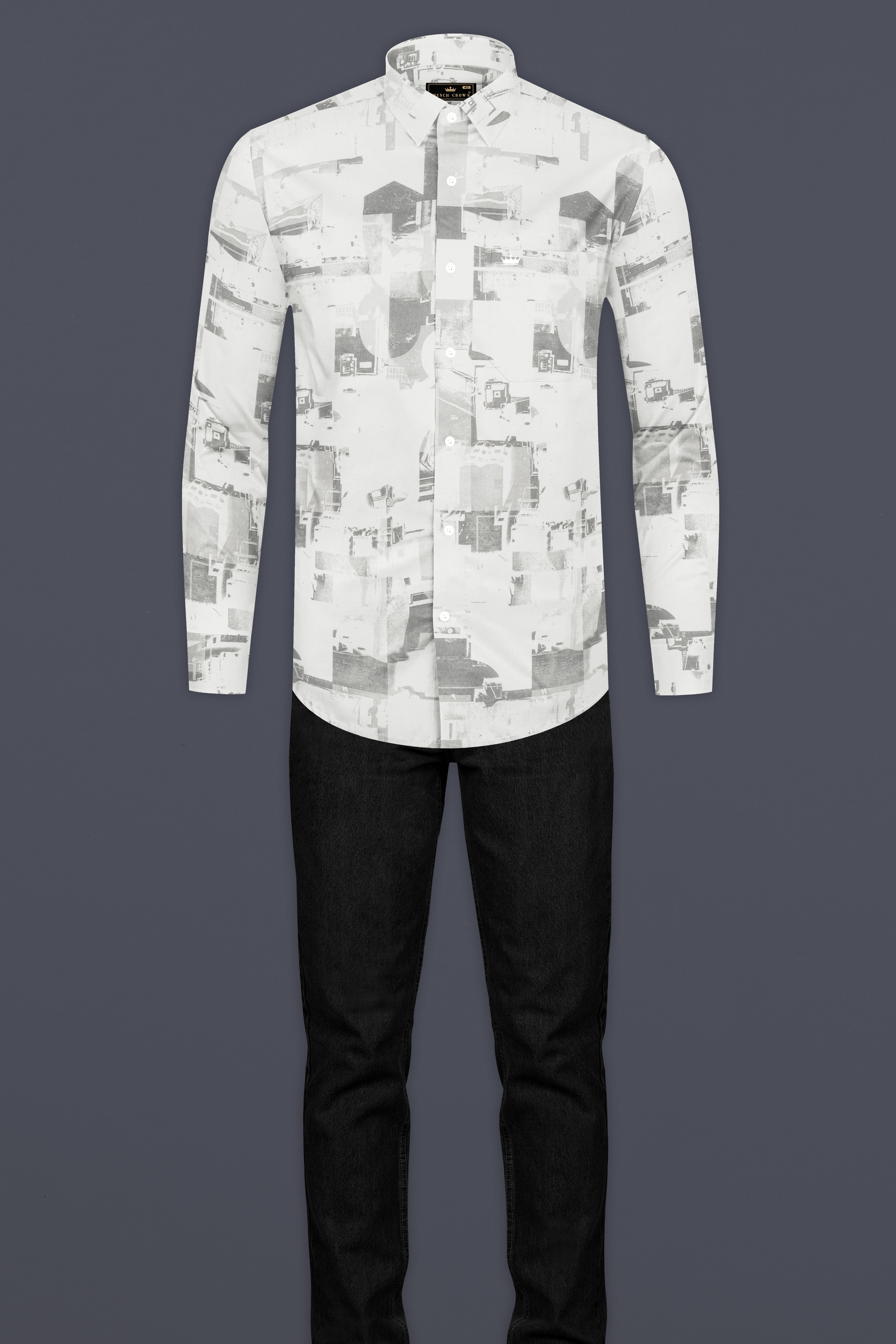 Bright White And Flint Gray Abstract Printed Subtle Sheen Super Soft Premium Cotton Shirt