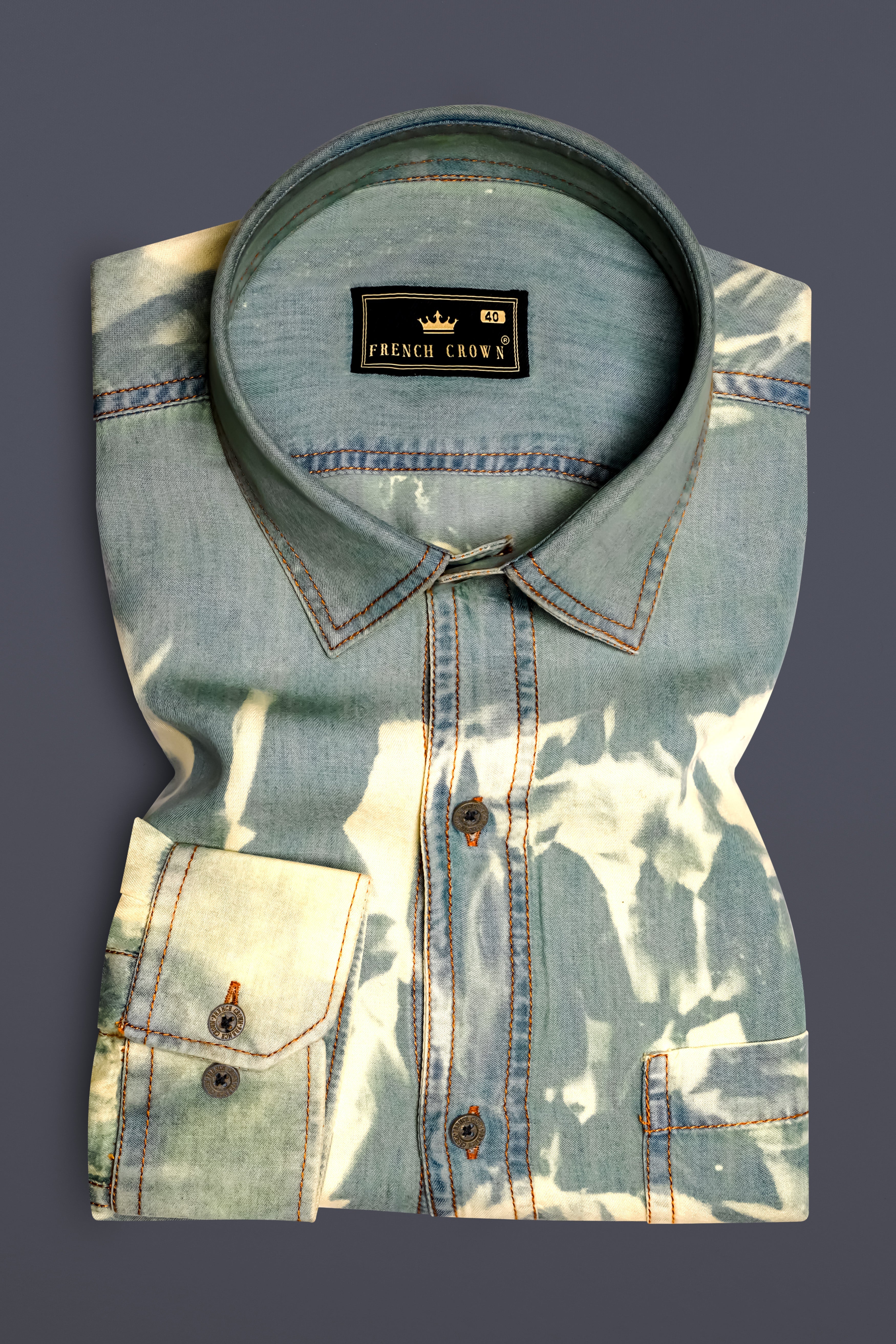 Mist Swirl-Pewter Gray And Scotch Cream Tie-Dye Printed Tencel Denim Casual Shirt