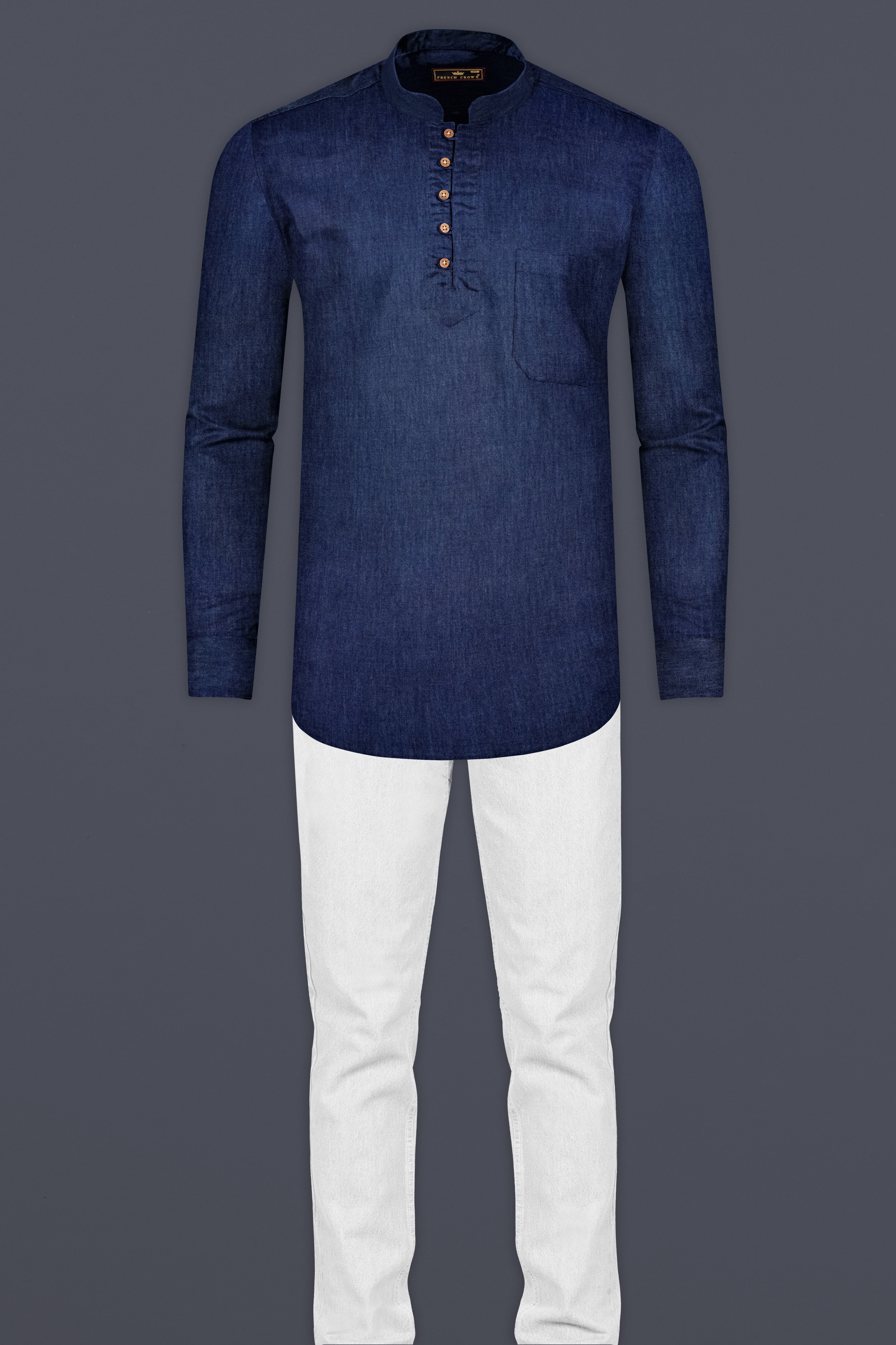 Bunting Blue Plain Solid Premium Cotton Indian Kurta Style Shirt
