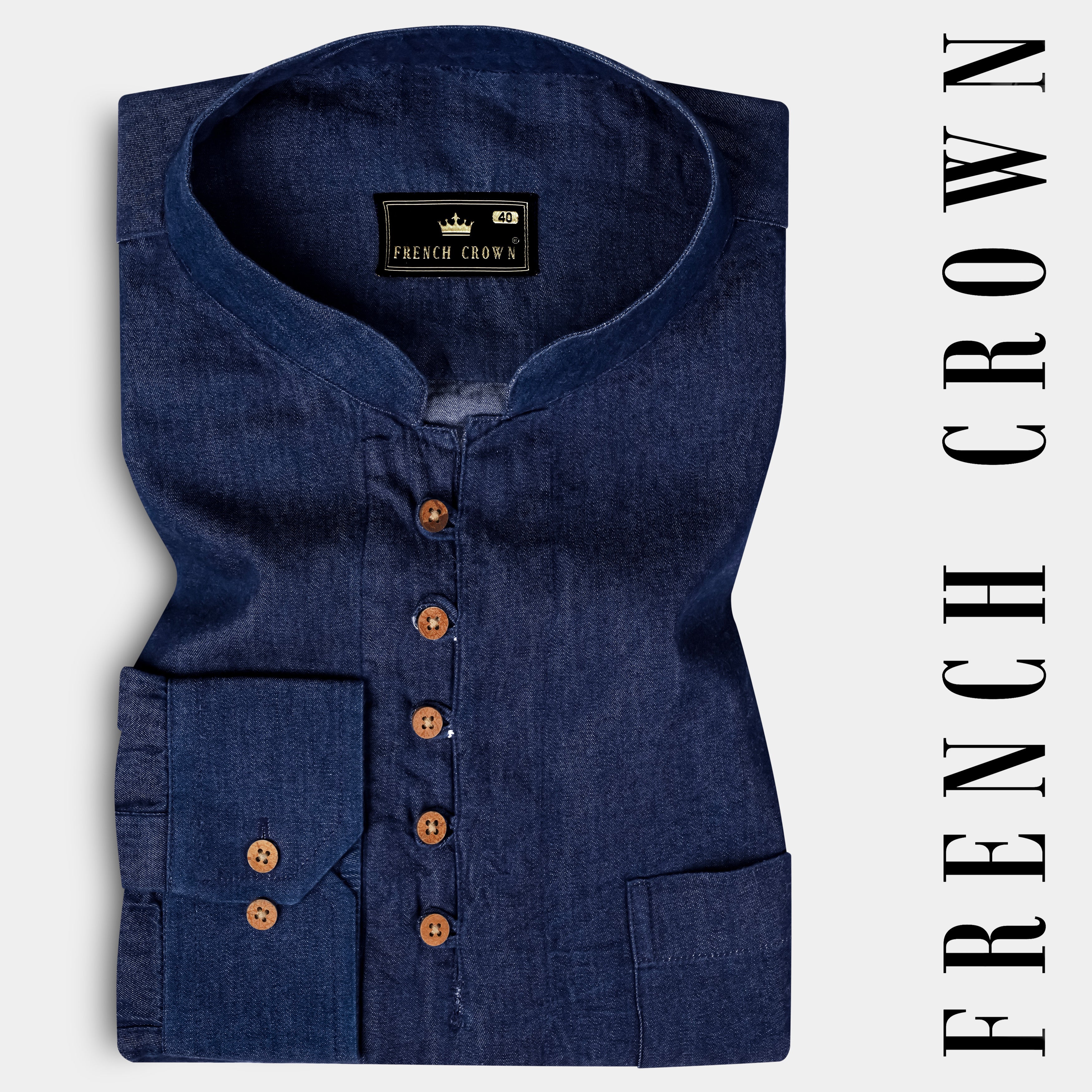 Bunting Blue Plain Solid Premium Cotton Indian Kurta Style Shirt