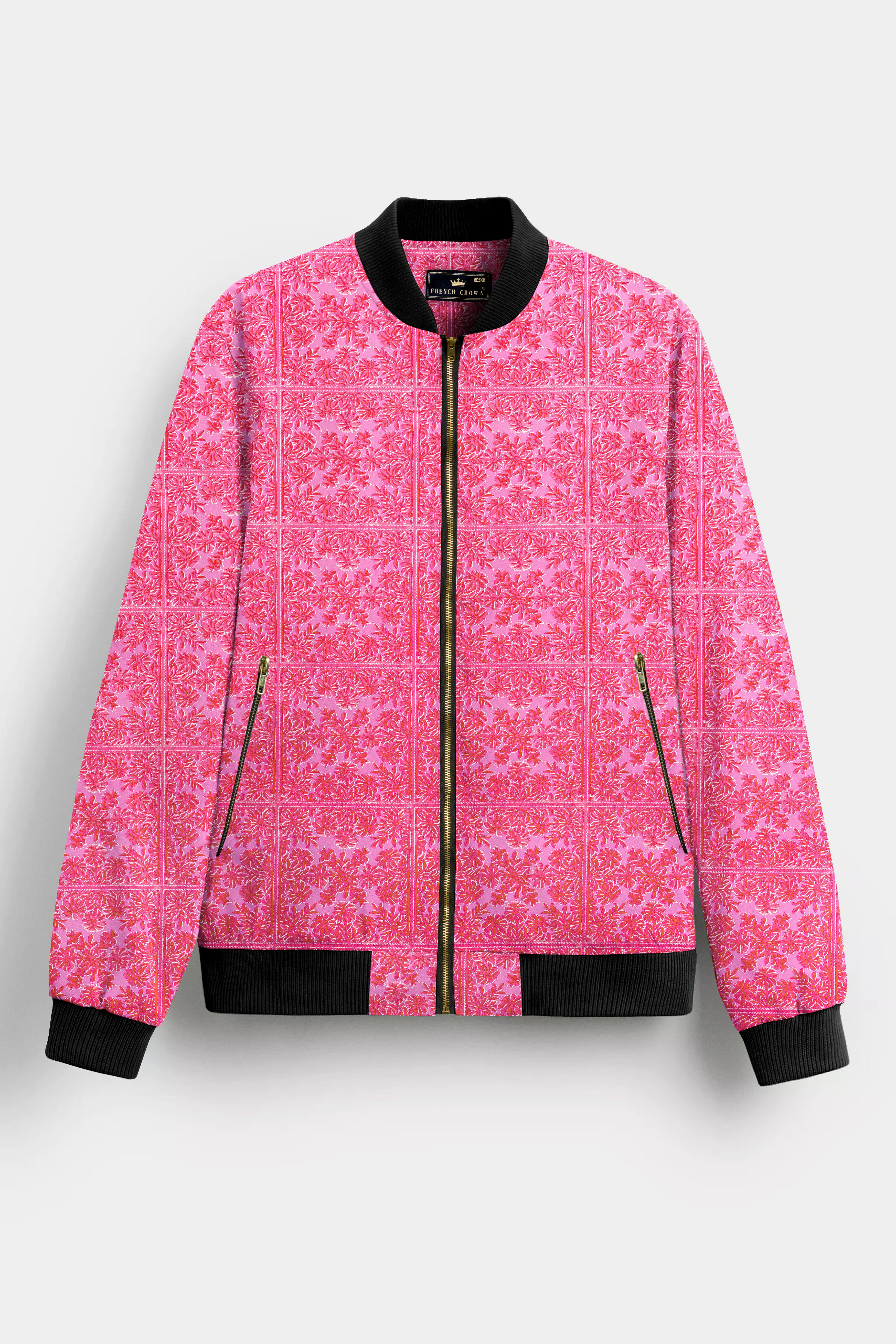 Thulian Pink Printed Premium Cotton Bomber Jacket