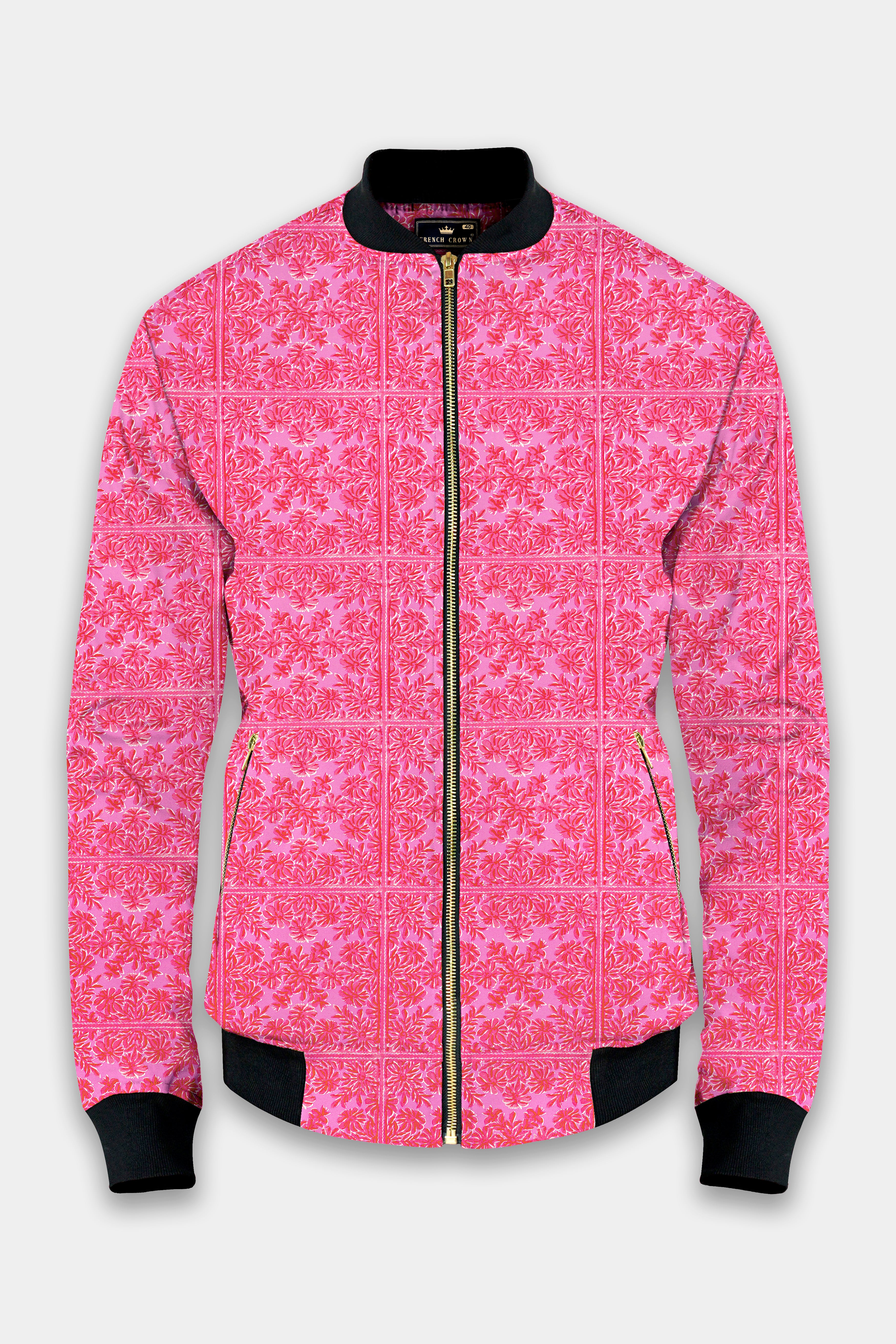 Thulian Pink Printed Premium Cotton Bomber Jacket