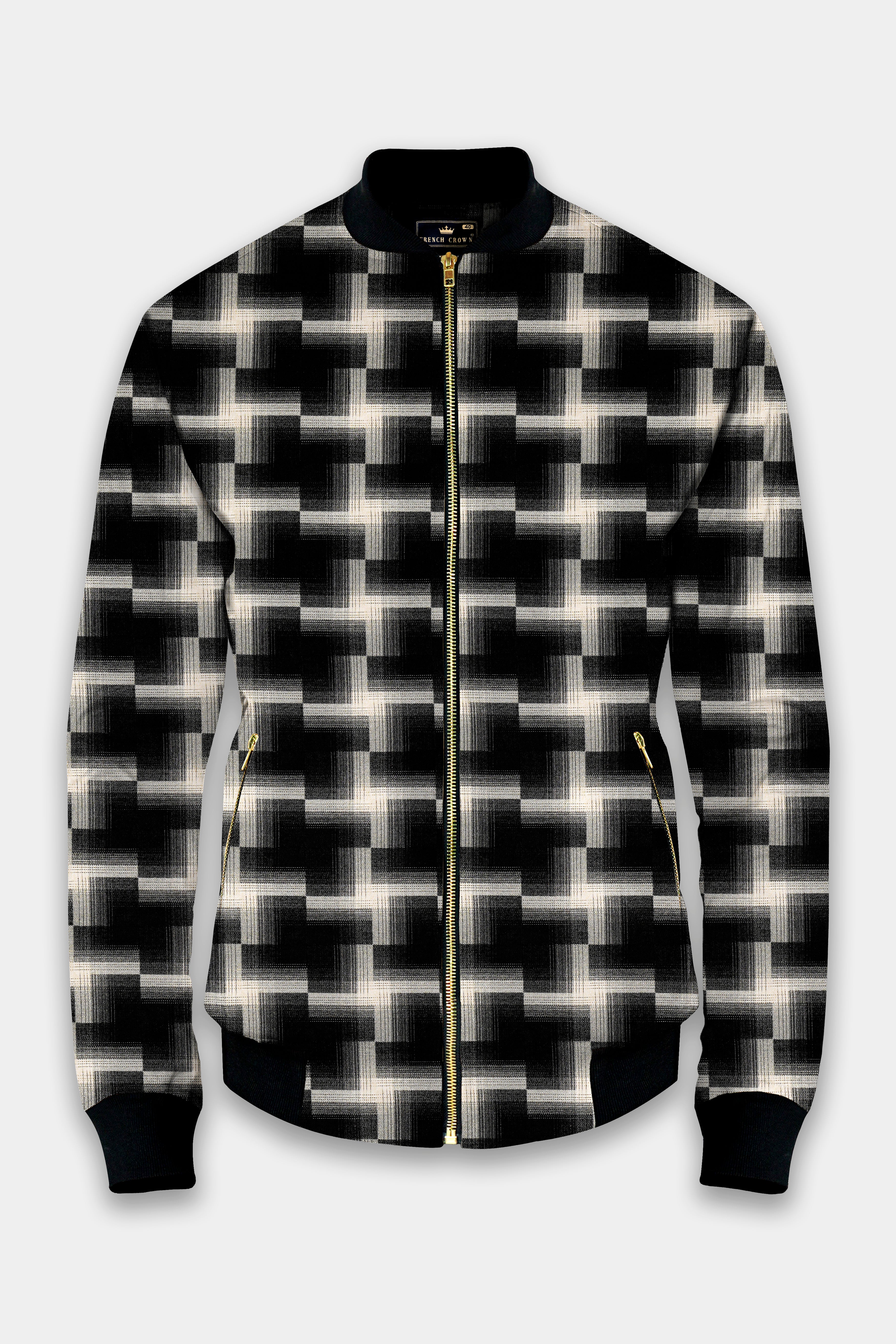 Jade Black And Almond Cream Printed Premium Wool Rich Bomber Jacket