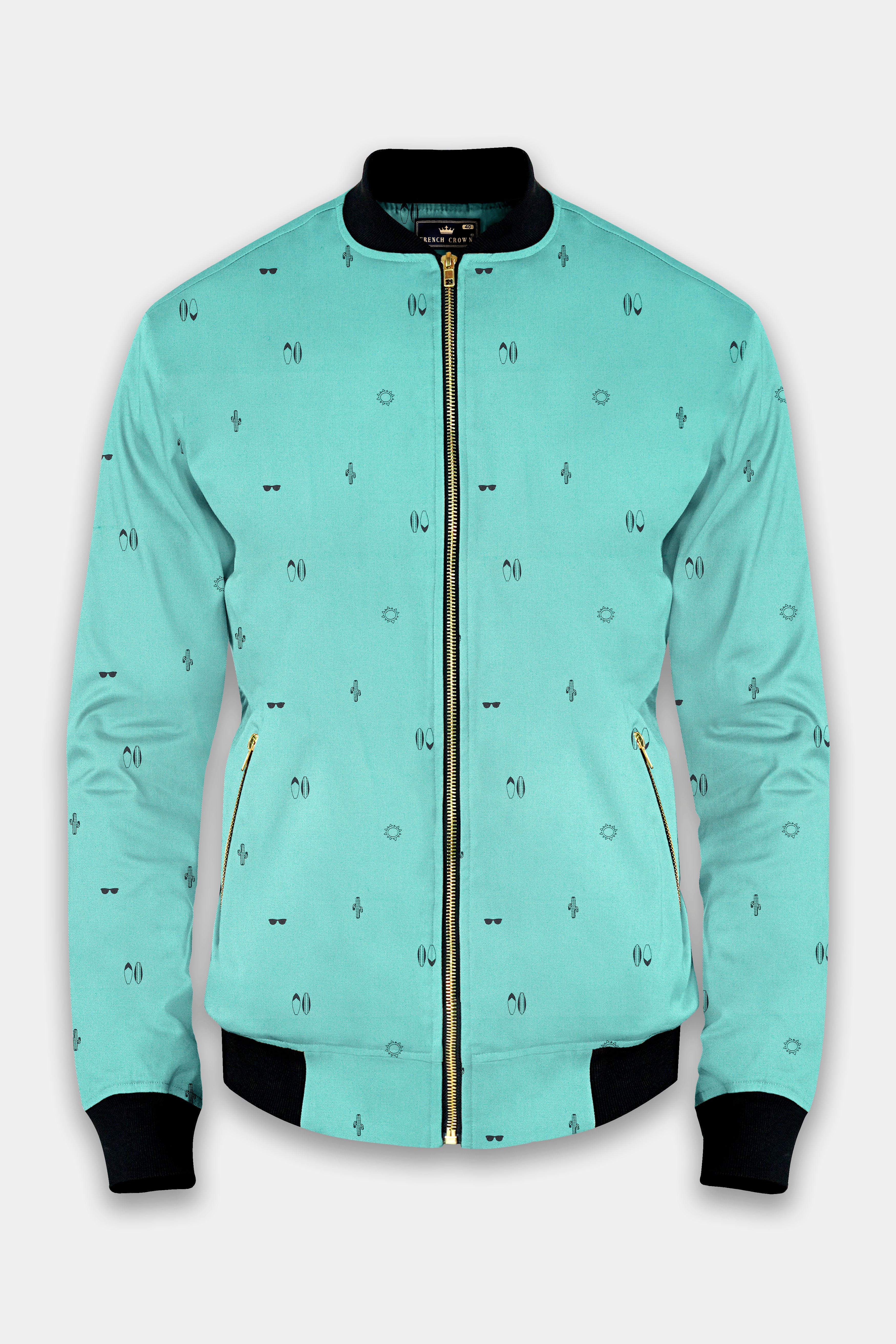 Seafoam Blue Printed Premium Cotton Bomber Jacket