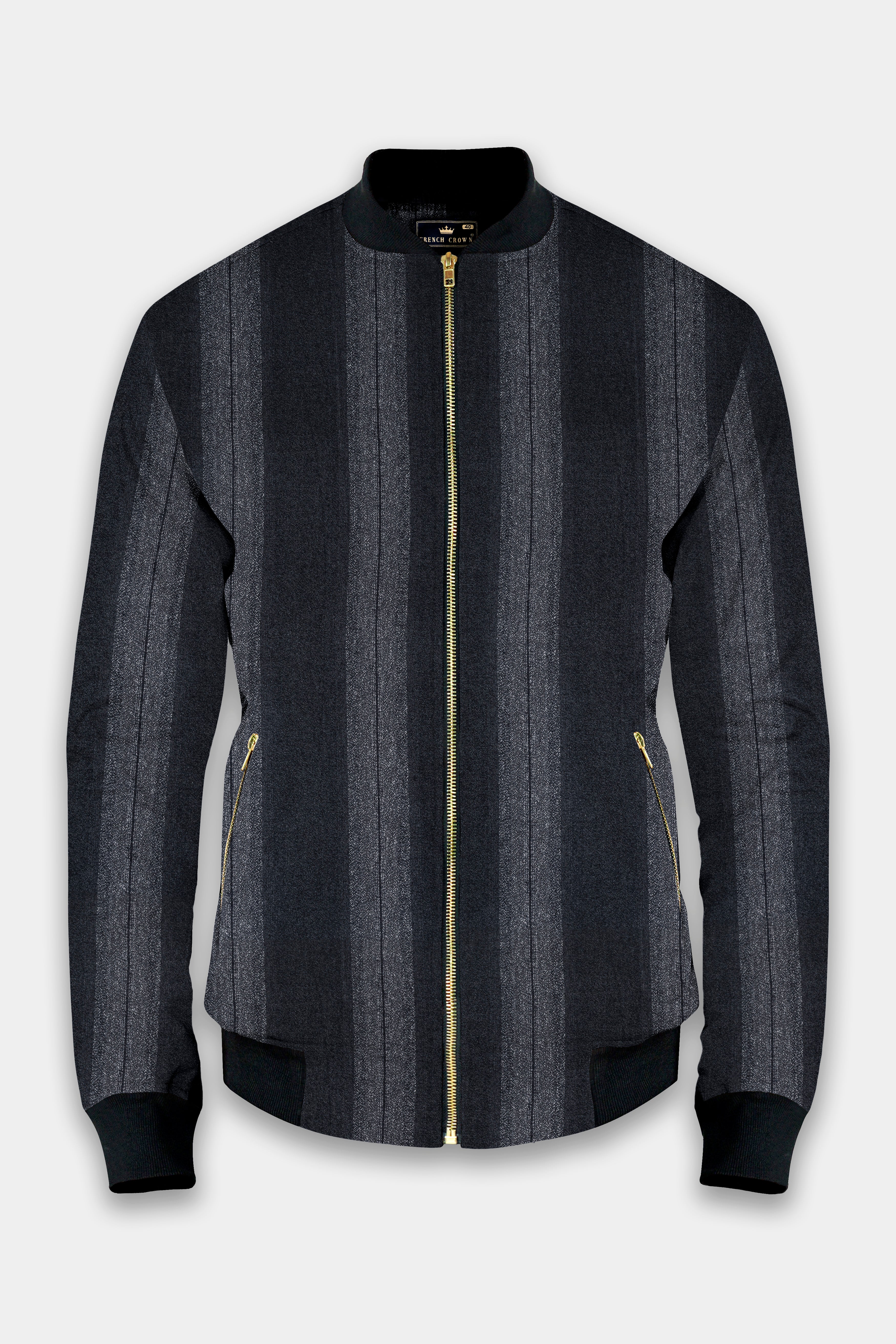 Shark Gray And Mobster Striped Premium Wool Rich Bomber Jacket