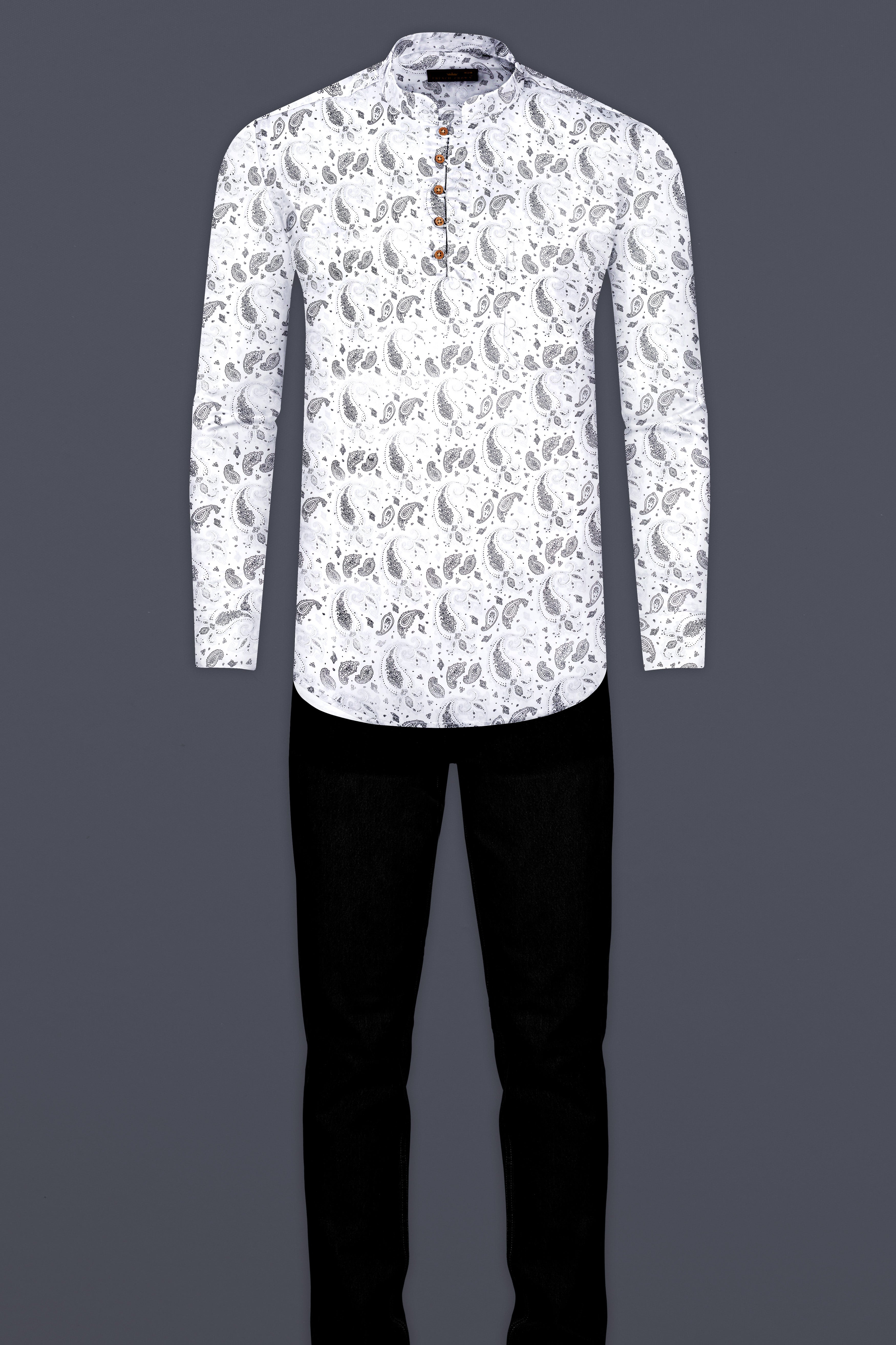 Bright White Paisleys Printed Subtle Sheen Super Soft Premium Cotton Kurta Shirt