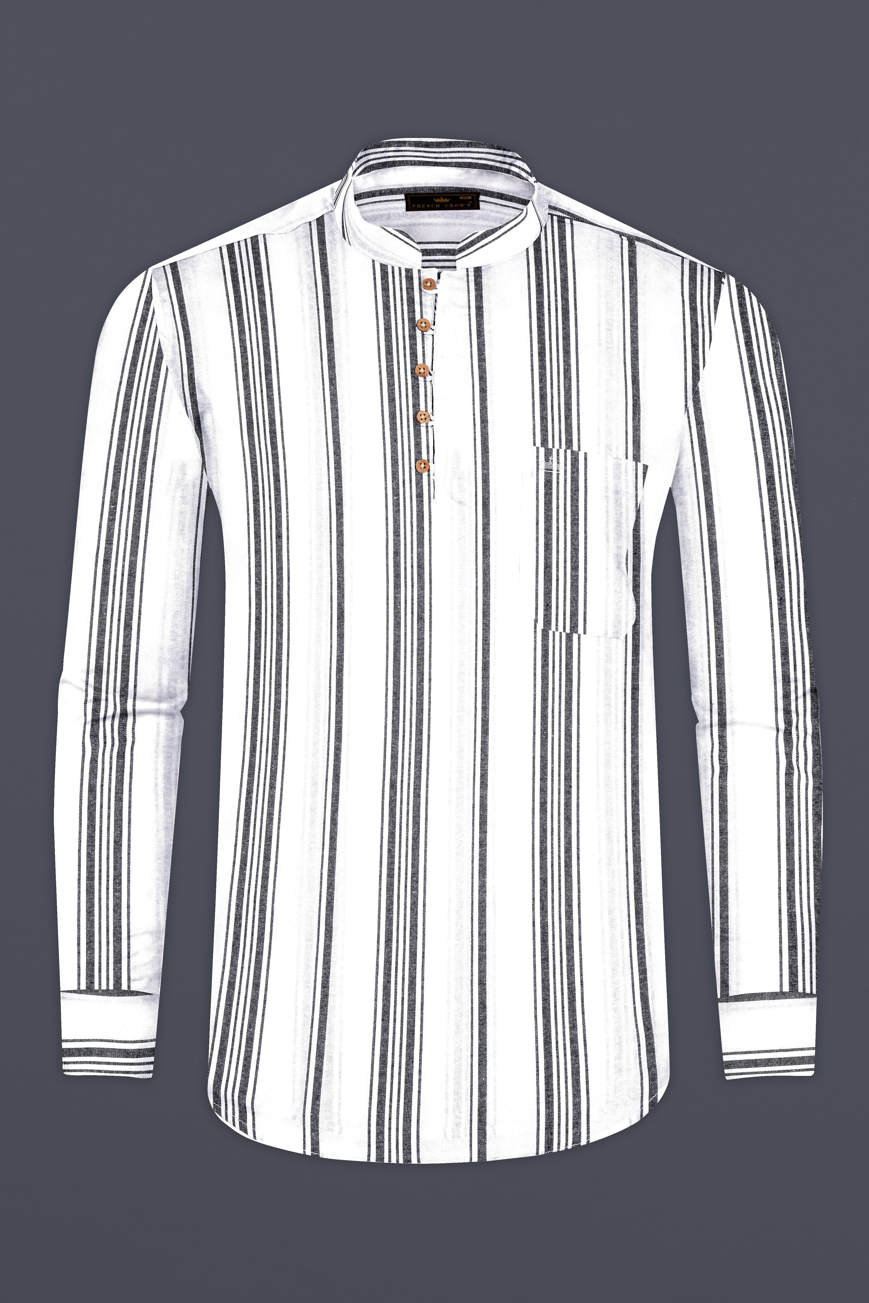 Bright White And Abbey Gray Striped Oxford Premium Cotton Kurta Shirt