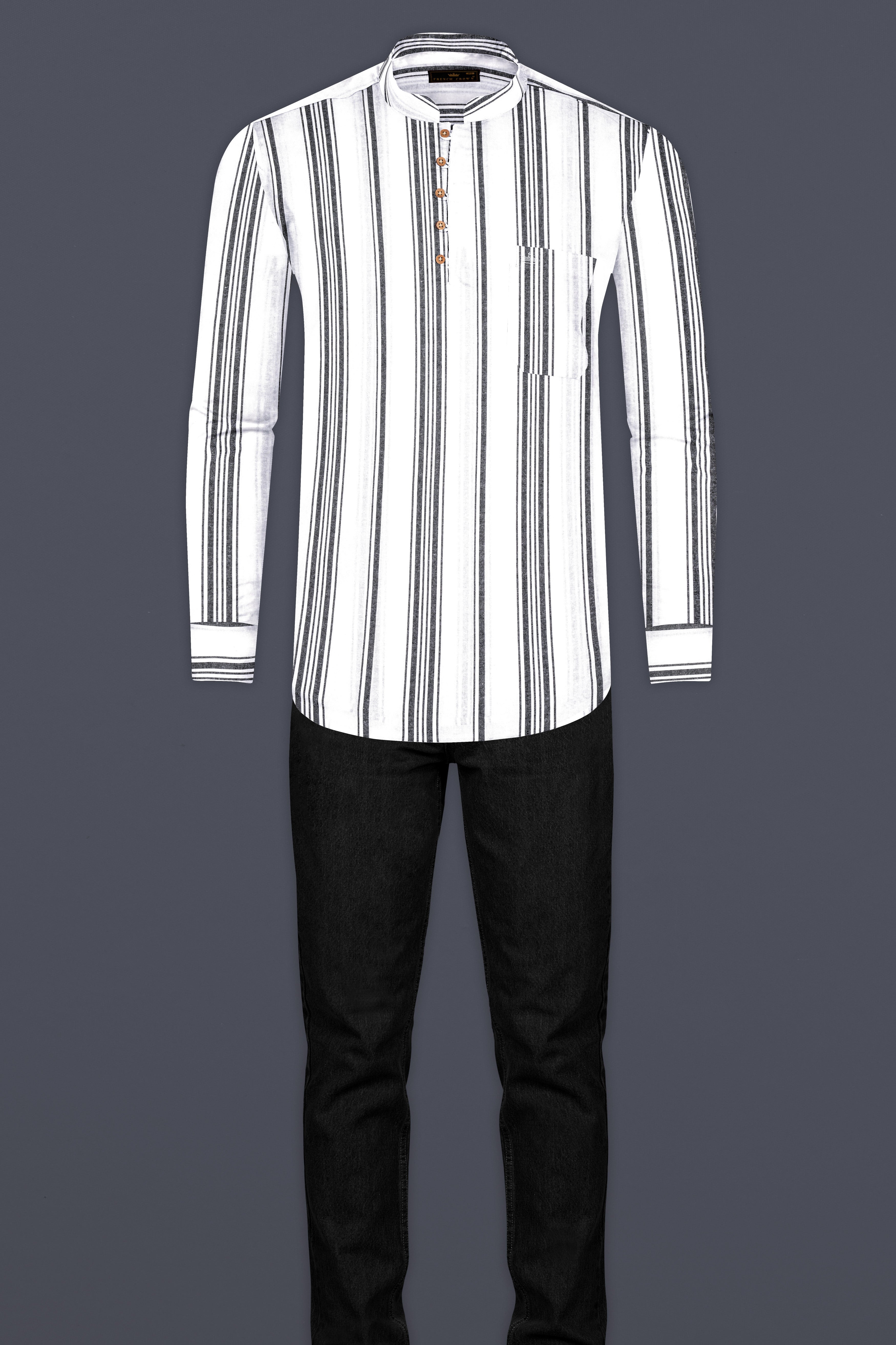 Bright White And Abbey Gray Striped Oxford Premium Cotton Kurta Shirt