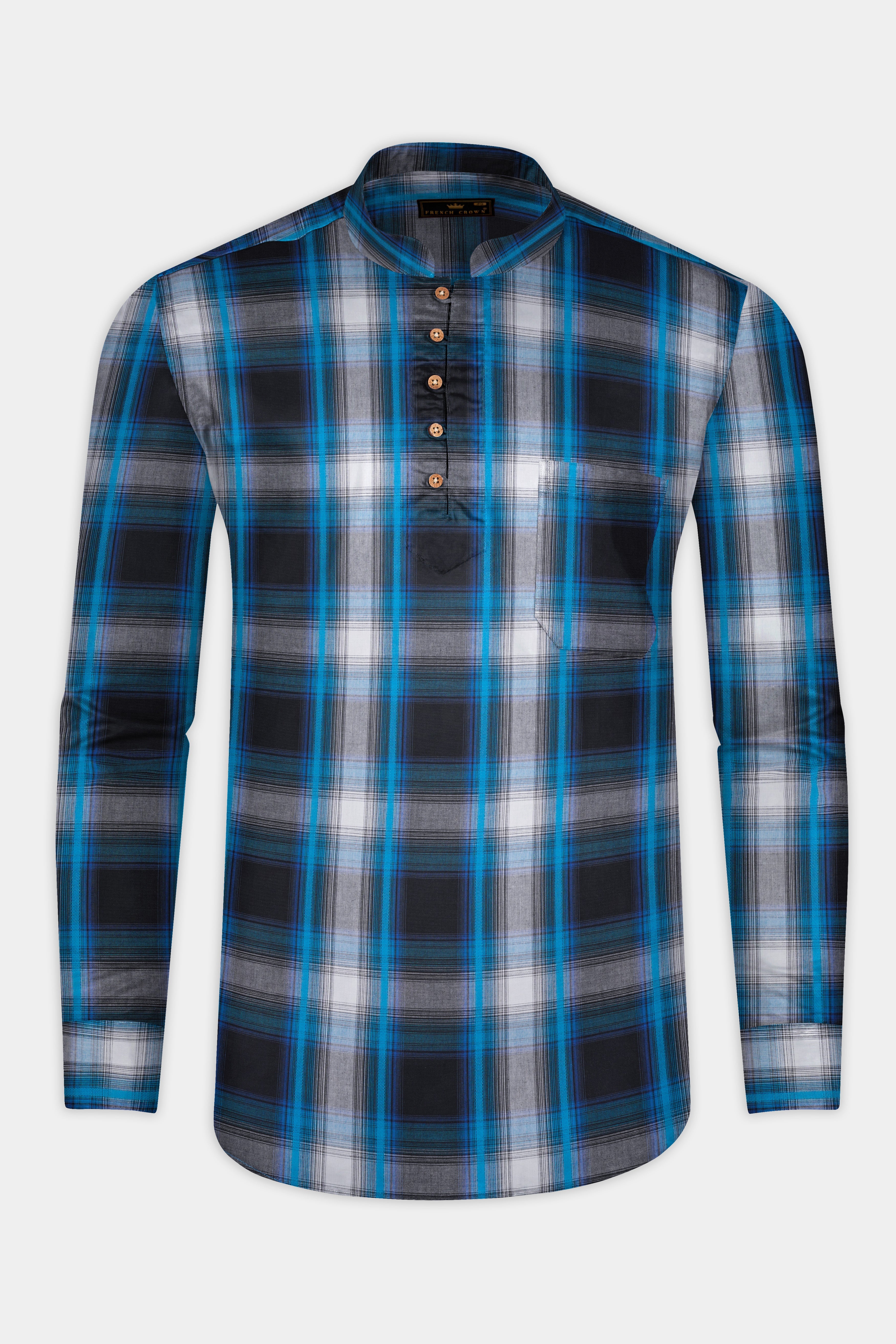 Surfie Blue And Shark Black Plaid Premium Giza Cotton Kurta Shirt