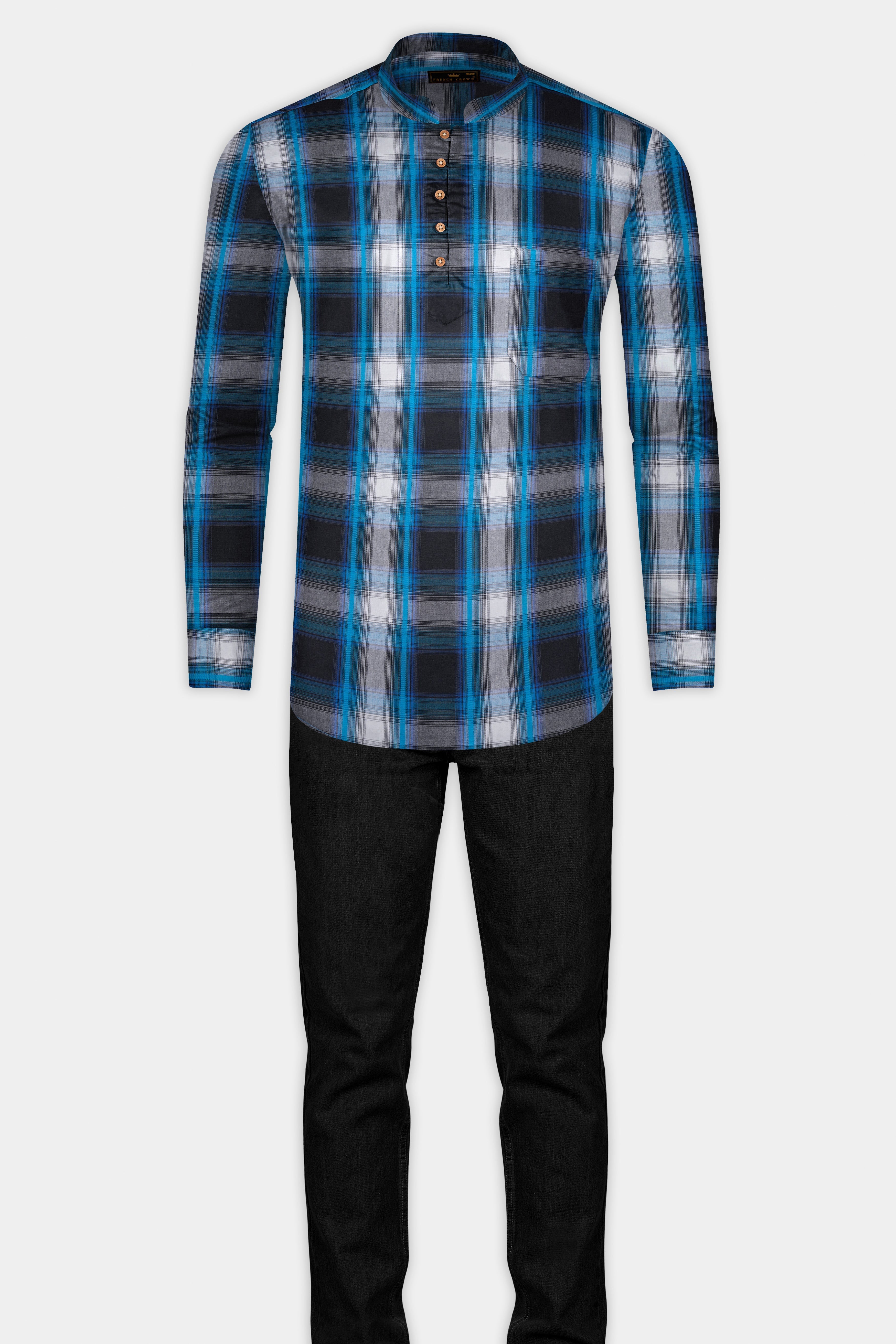 Surfie Blue And Shark Black Plaid Premium Giza Cotton Kurta Shirt