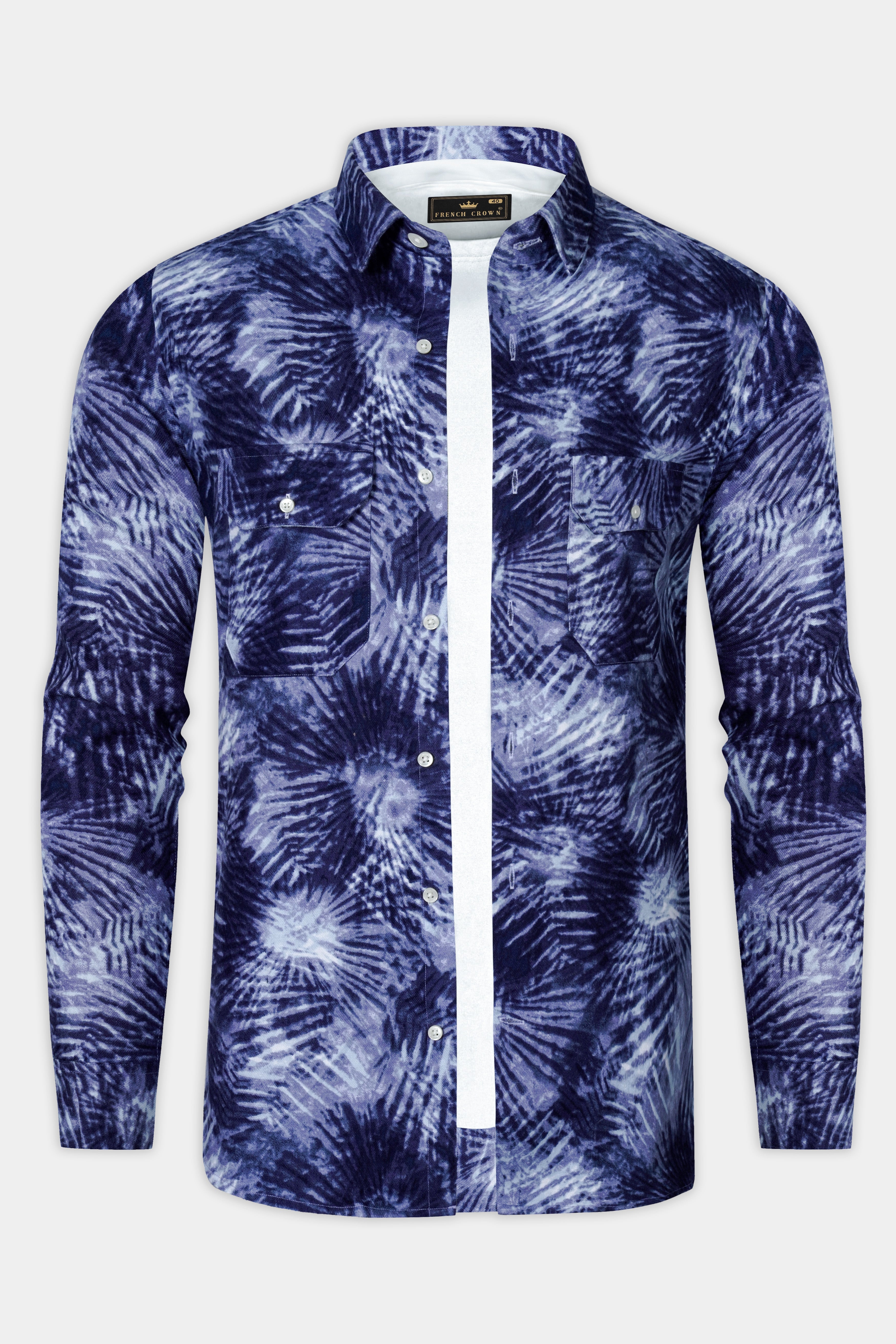 Indigo Blue And Bright White Dry Printed Flannel Overshirt/shacket