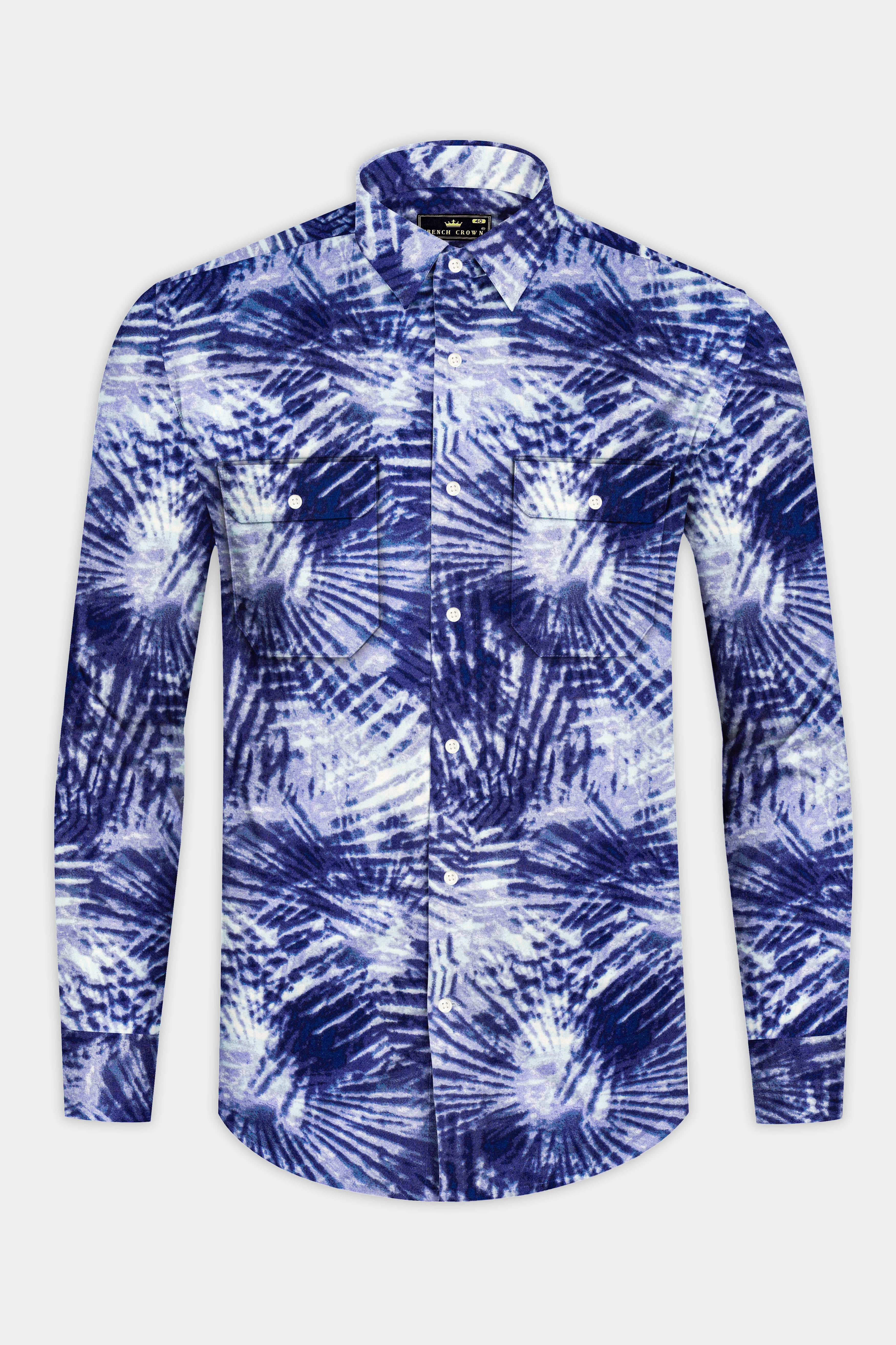 Indigo Blue And Bright White Dry Printed Flannel Overshirt/shacket