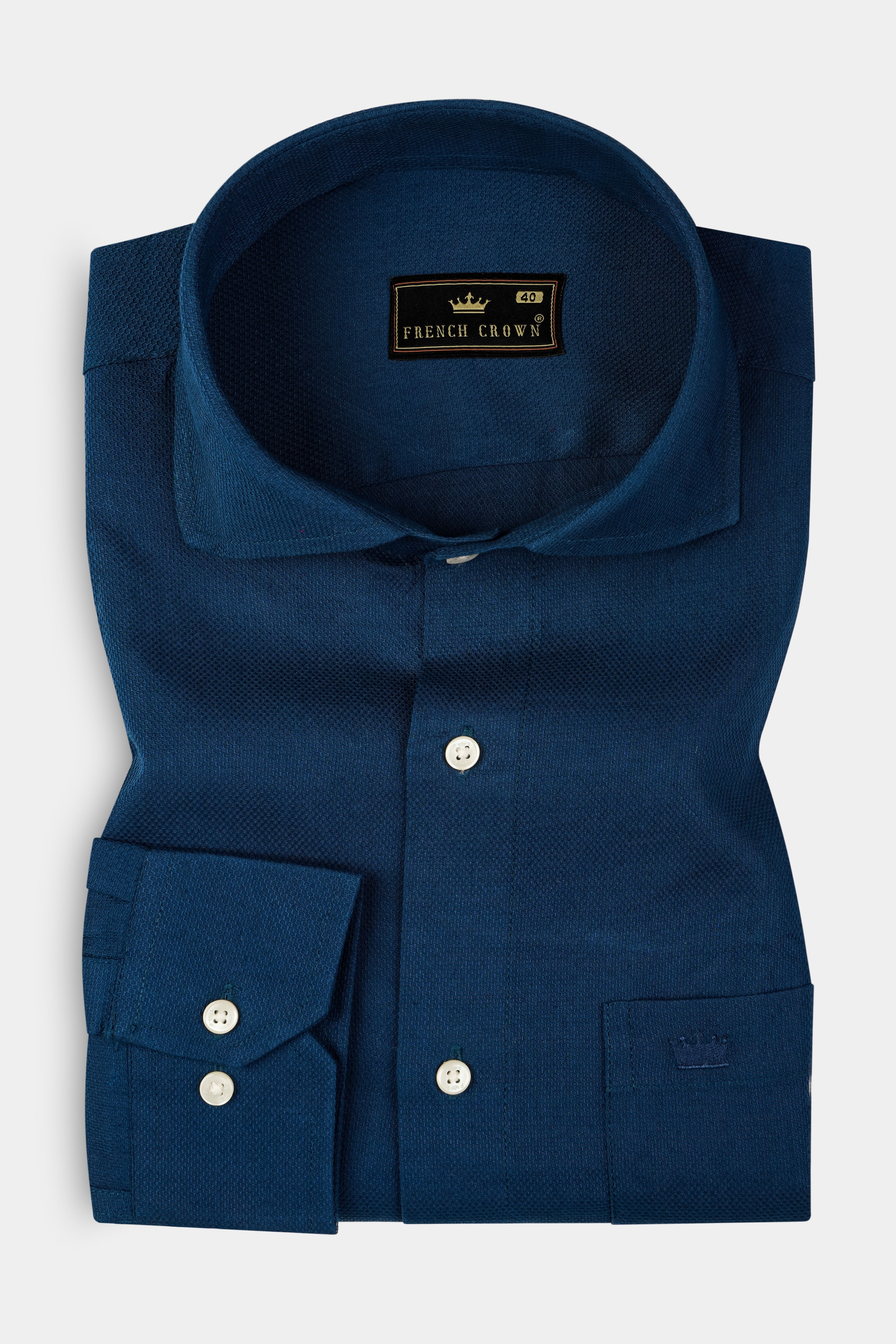 Prussian Blue Dobby Textured Premium Giza Cotton Shirt