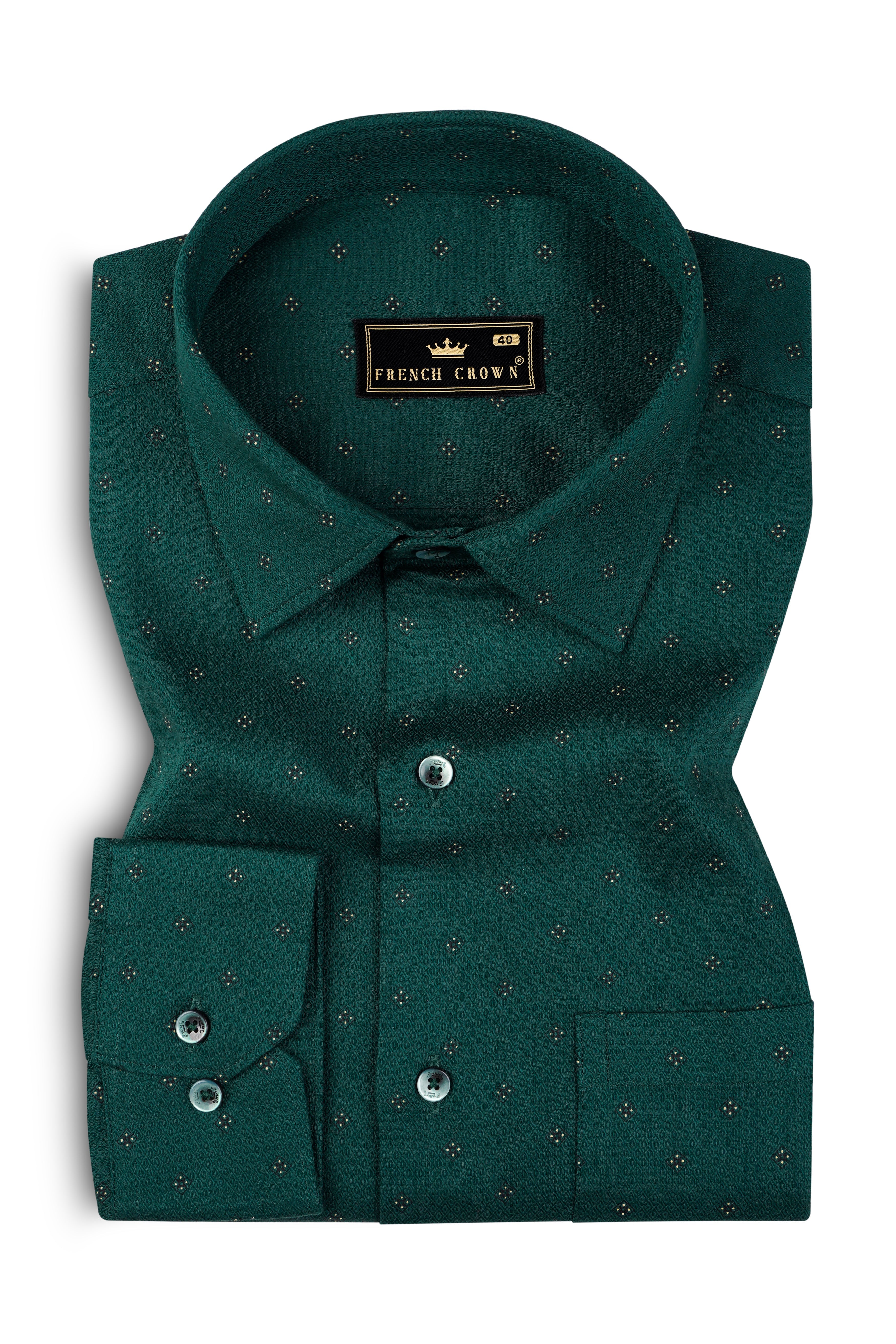 French Crown Green Casual Textured Premium Cotton Shirt For Men