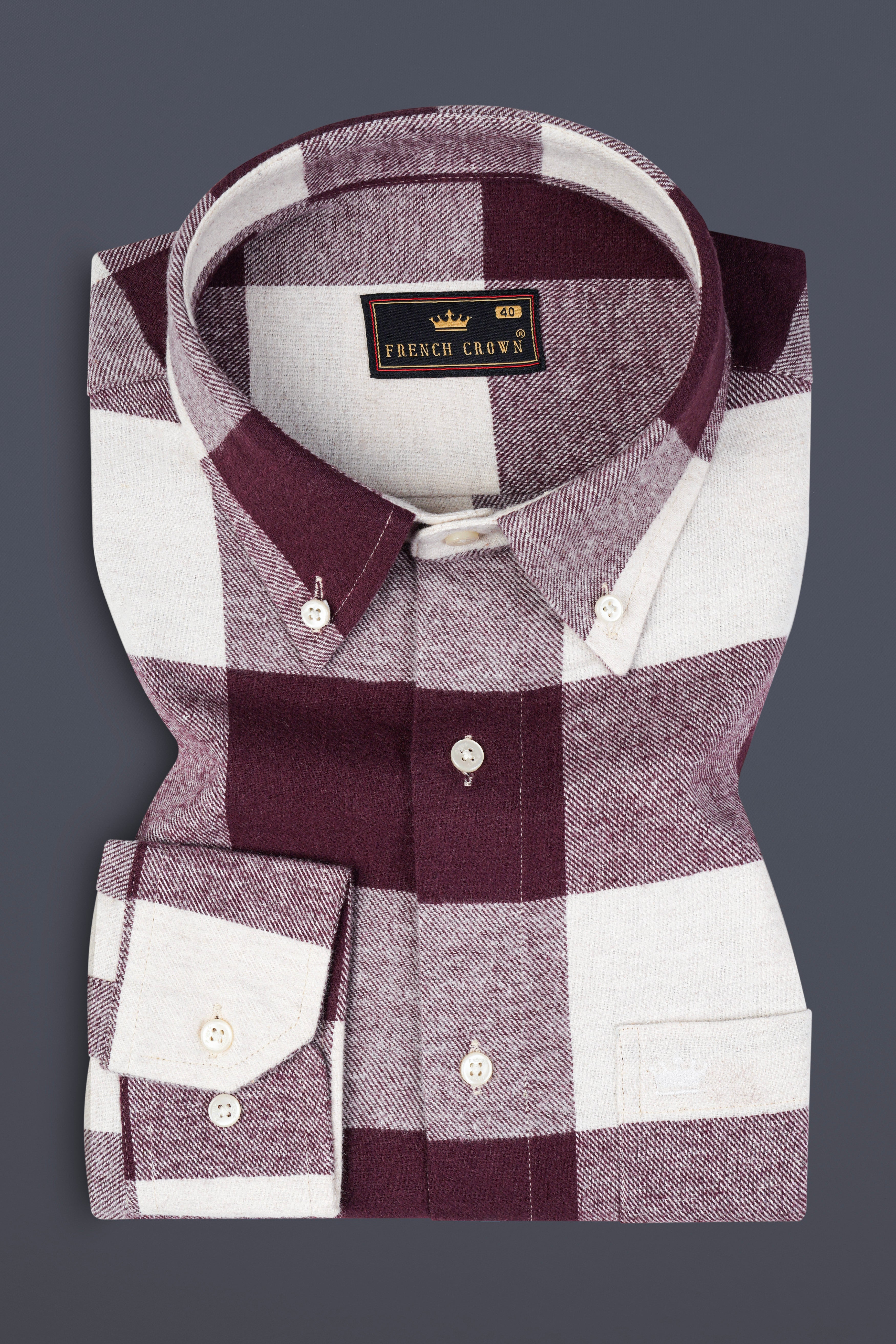 Wine Berry And Bright White Checked Heavyweight Flannel Cotton Shirt