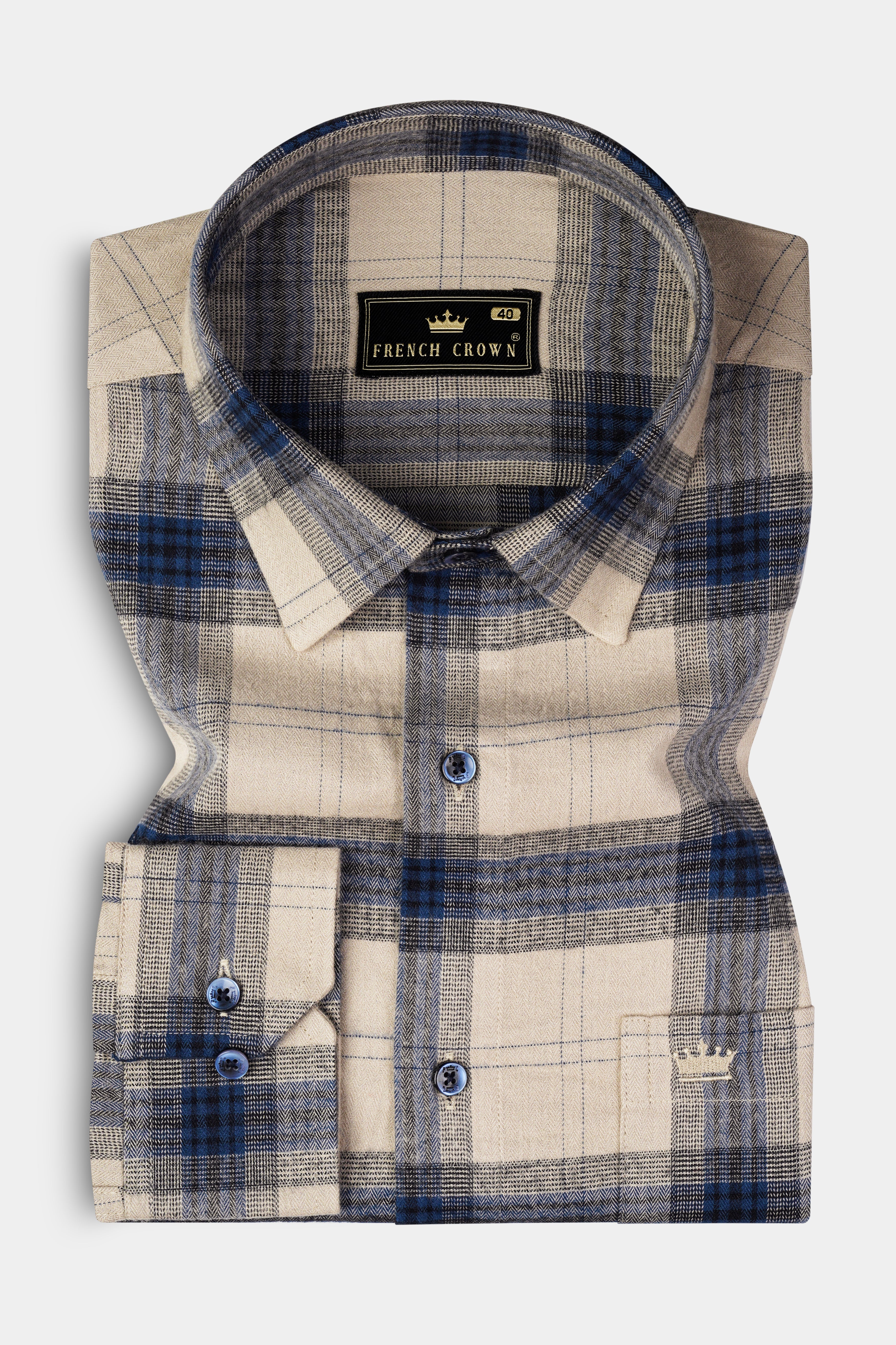 Sisal Cream And Astronaut Blue Plaid Herringbone Pattern Premium Cotton Shirt