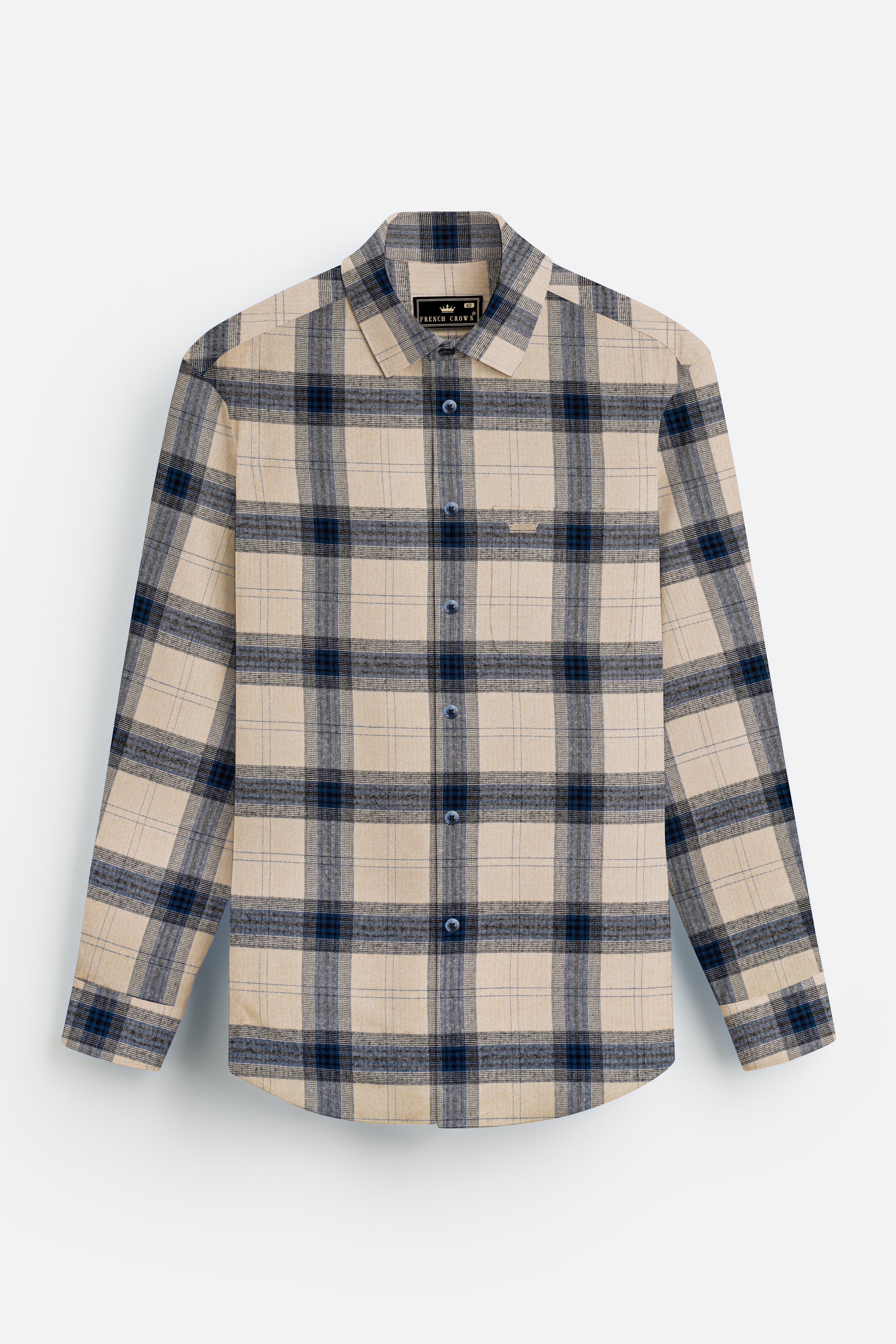 Sisal Cream And Astronaut Blue Plaid Herringbone Pattern Premium Cotton Shirt