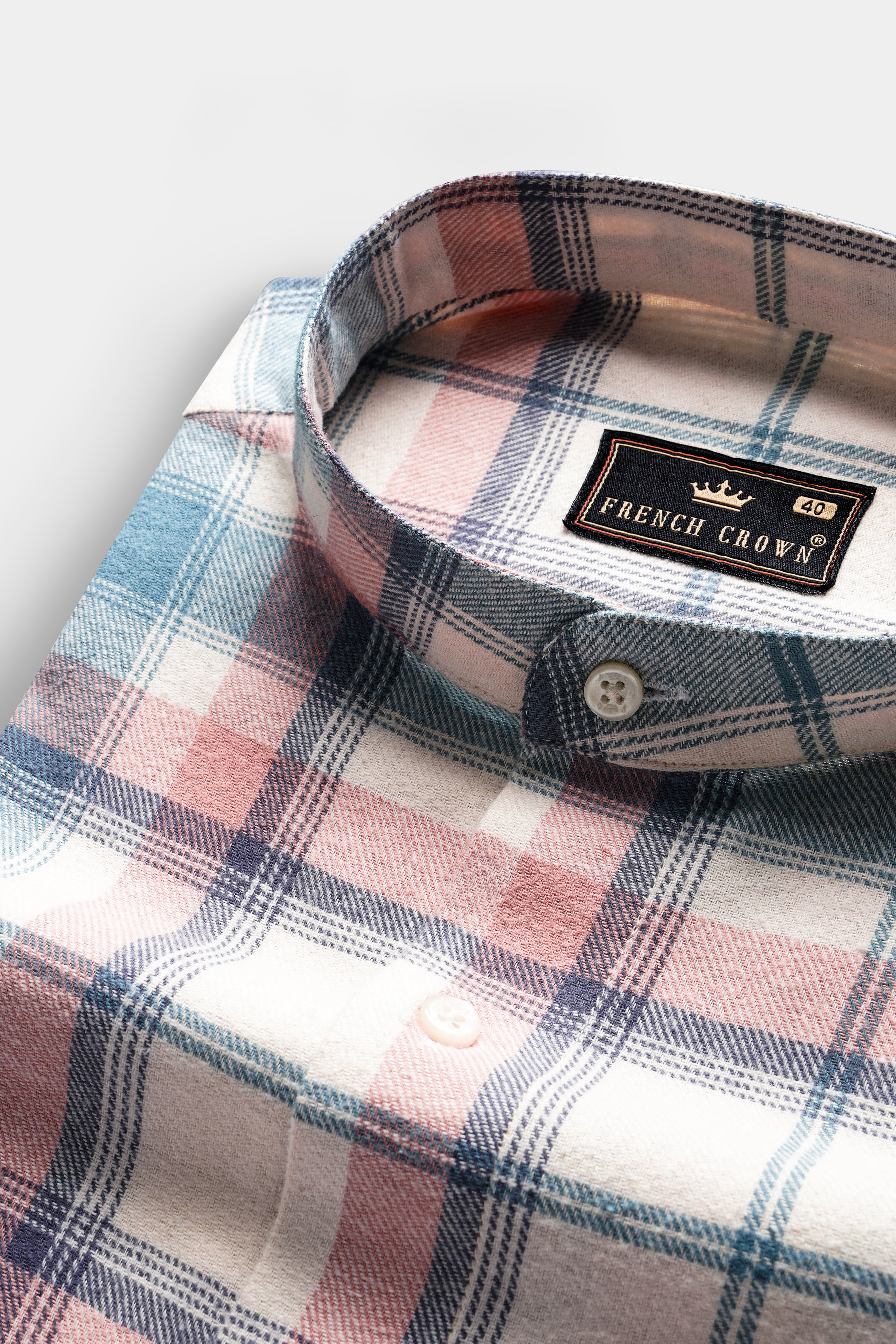 Almond Cream And Turkish Pink Plaid Flannel Cotton Shirt