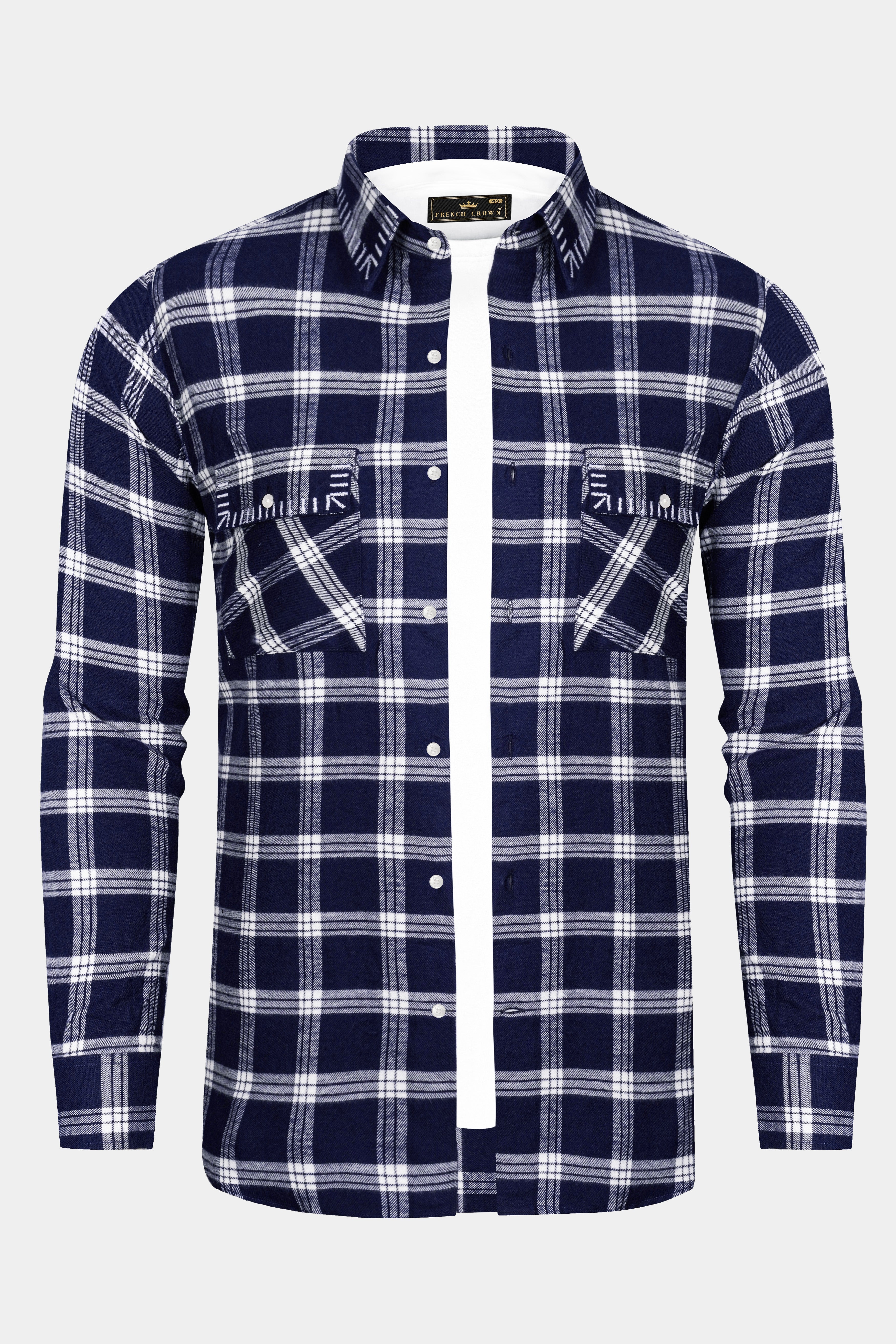 Fiord Blue And Bright White Plaid Flannel Premium Cotton Designer Overshirt/shacket