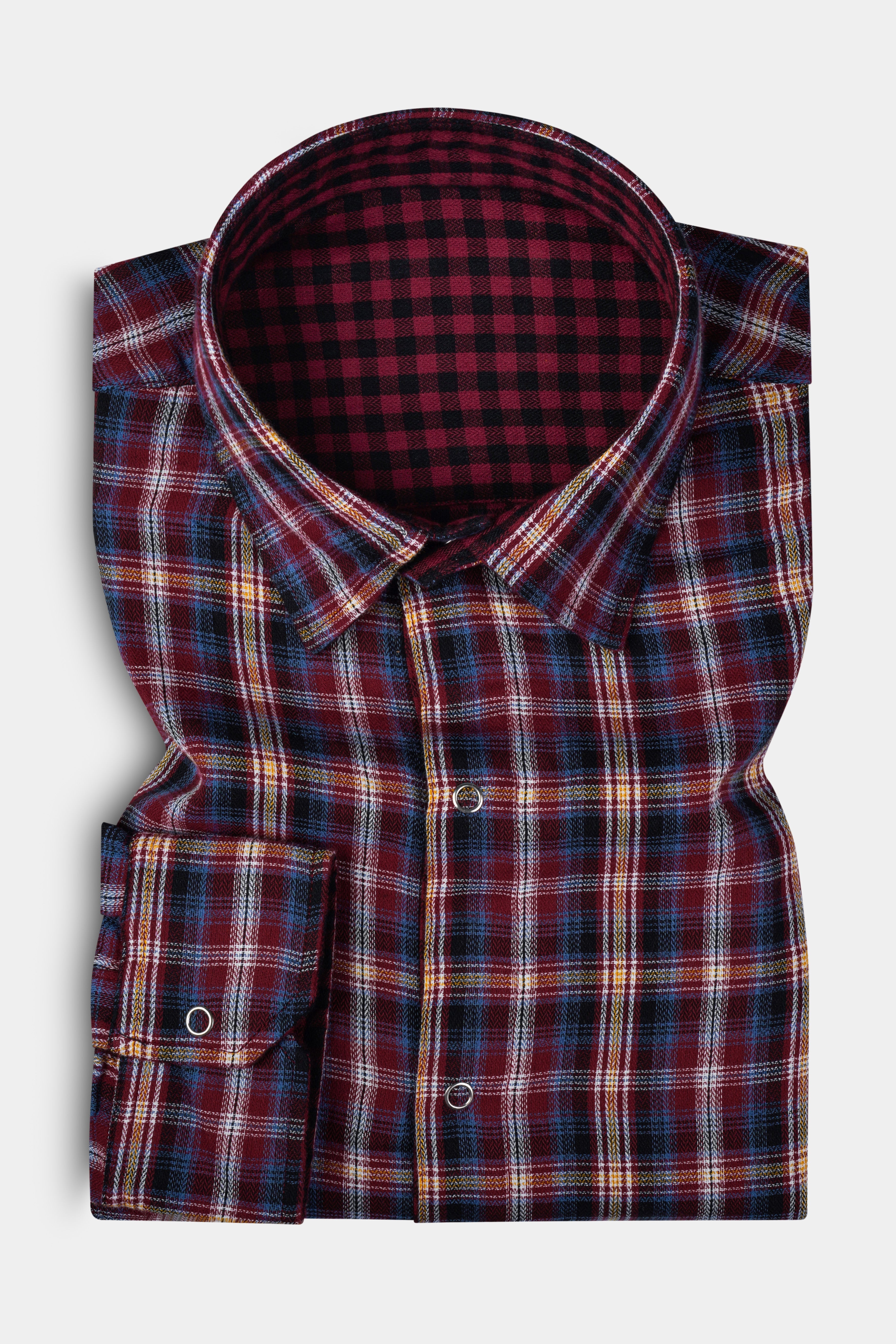 Cherrywood Red And Racing Blue Plaid Herringbone Pattern Premium Giza Cotton Reversible Shirt