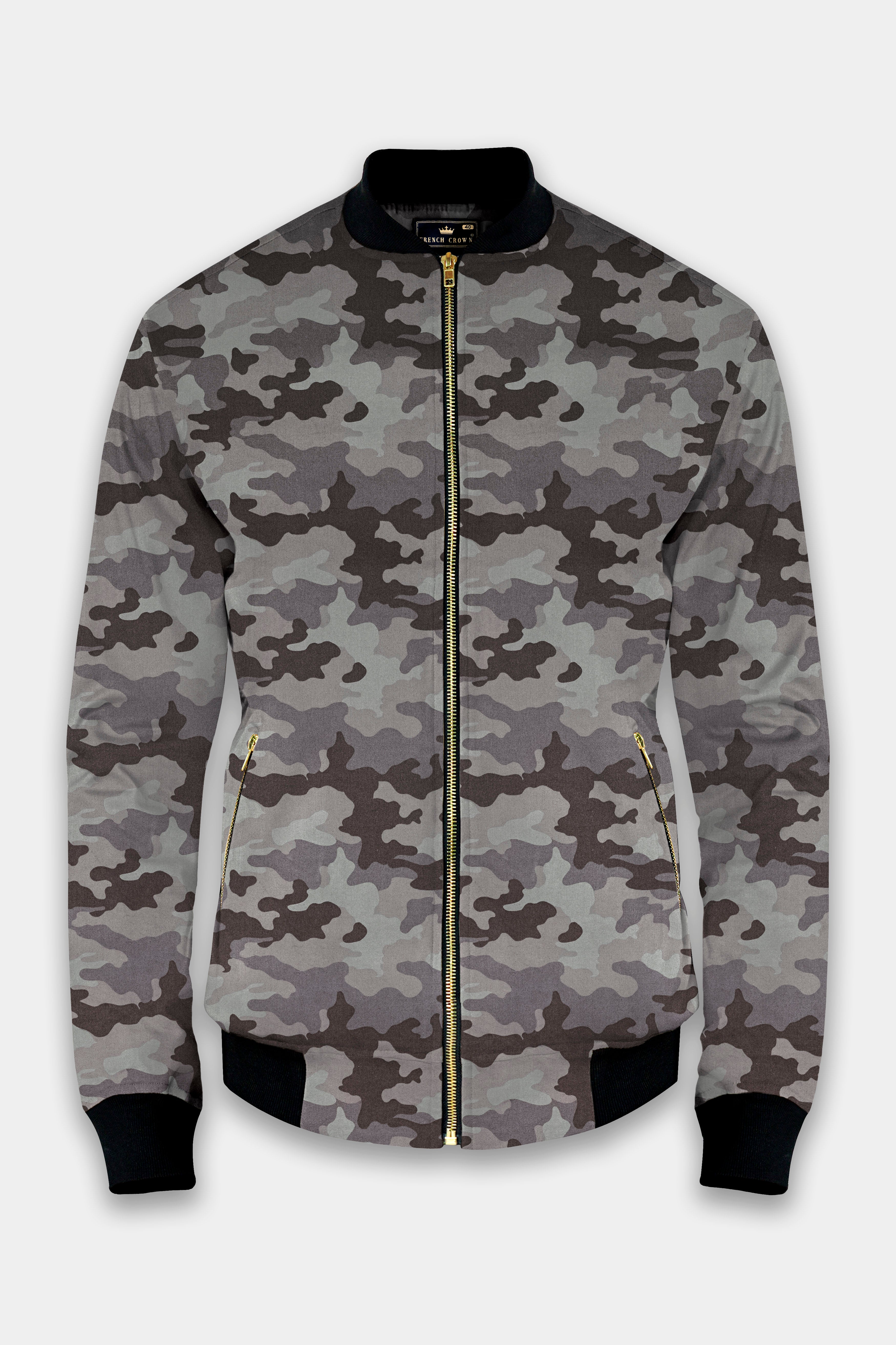 Emperor Gray And Tundora Camouflage Printed Premium Cotton Bomber Jacket