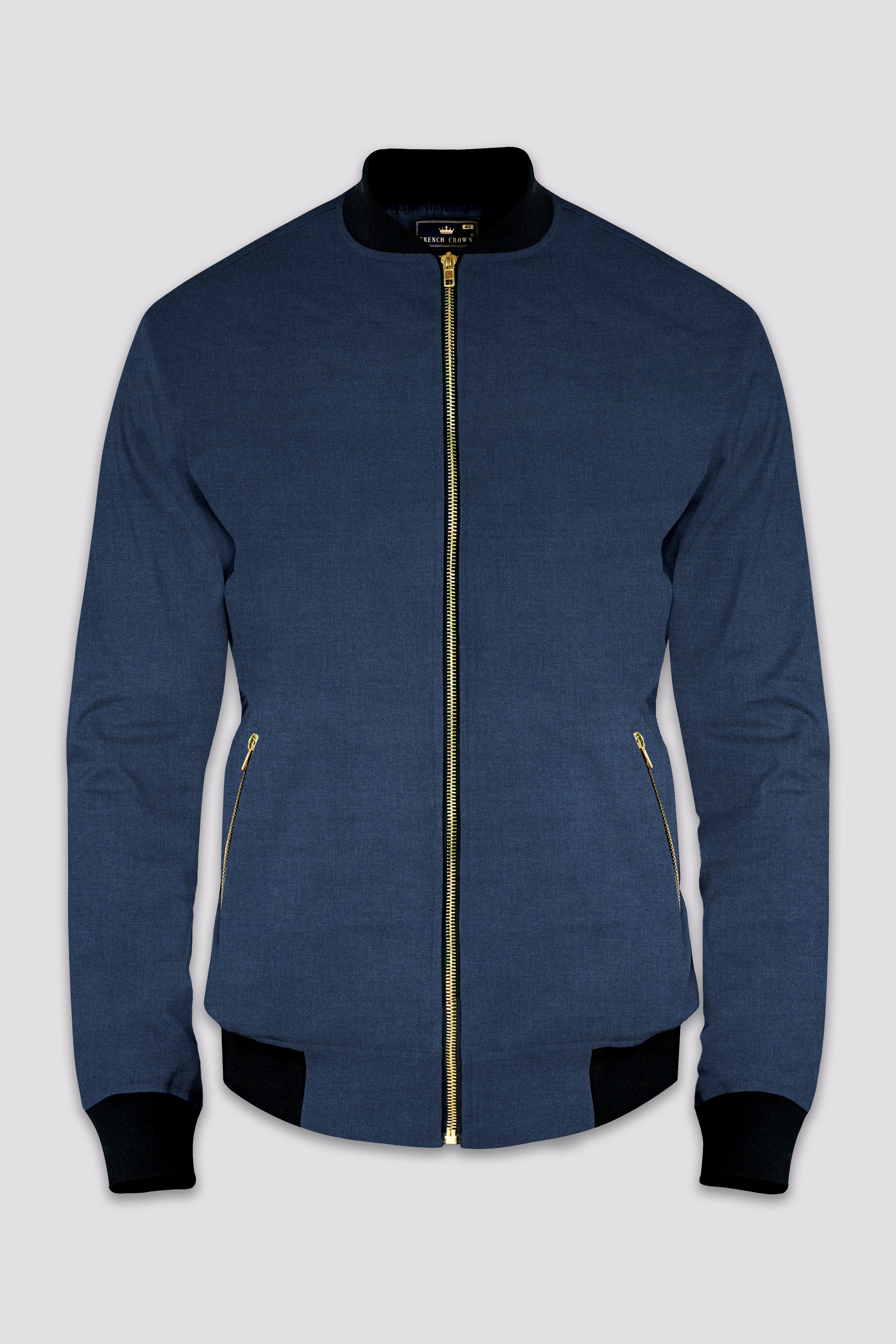 Nevada Blue Solid Wool Rich Bomber Jacket