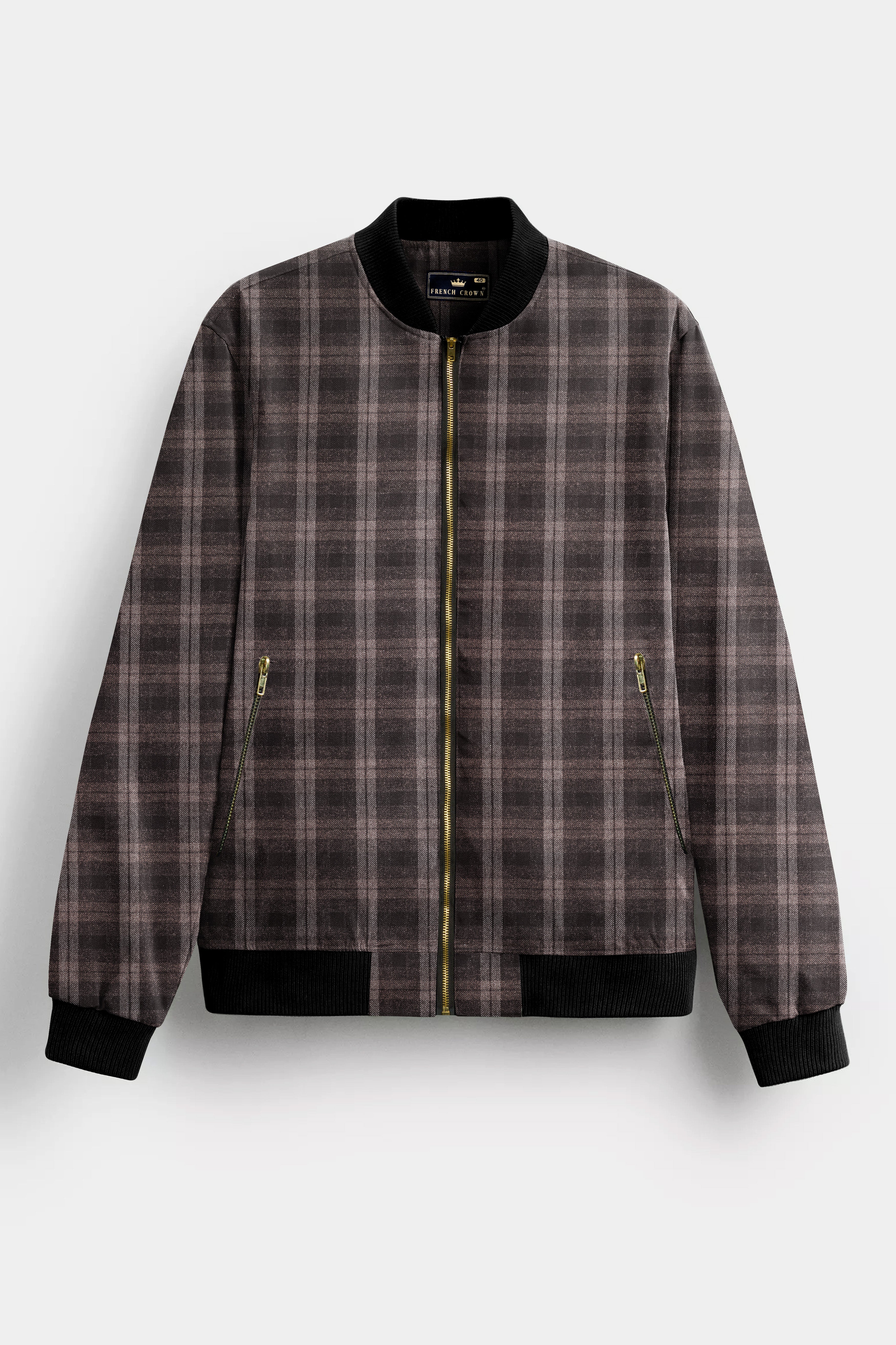 Tundora Brown And Emperor Plaid Wool Rich Bomber Jacket