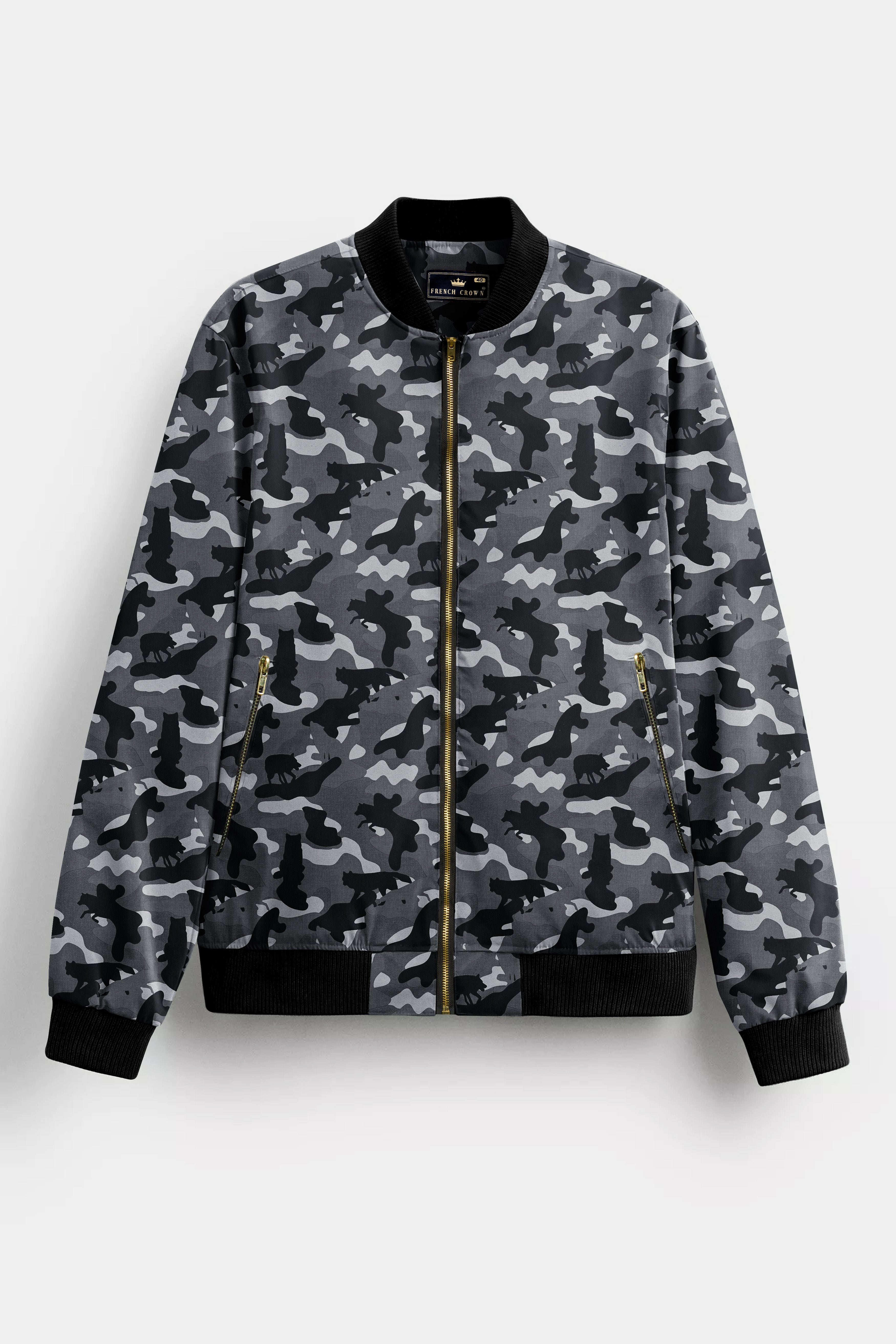 Carbon Gray And Cinder Black Camouflage Printed Premium Cotton Bomber Jacket