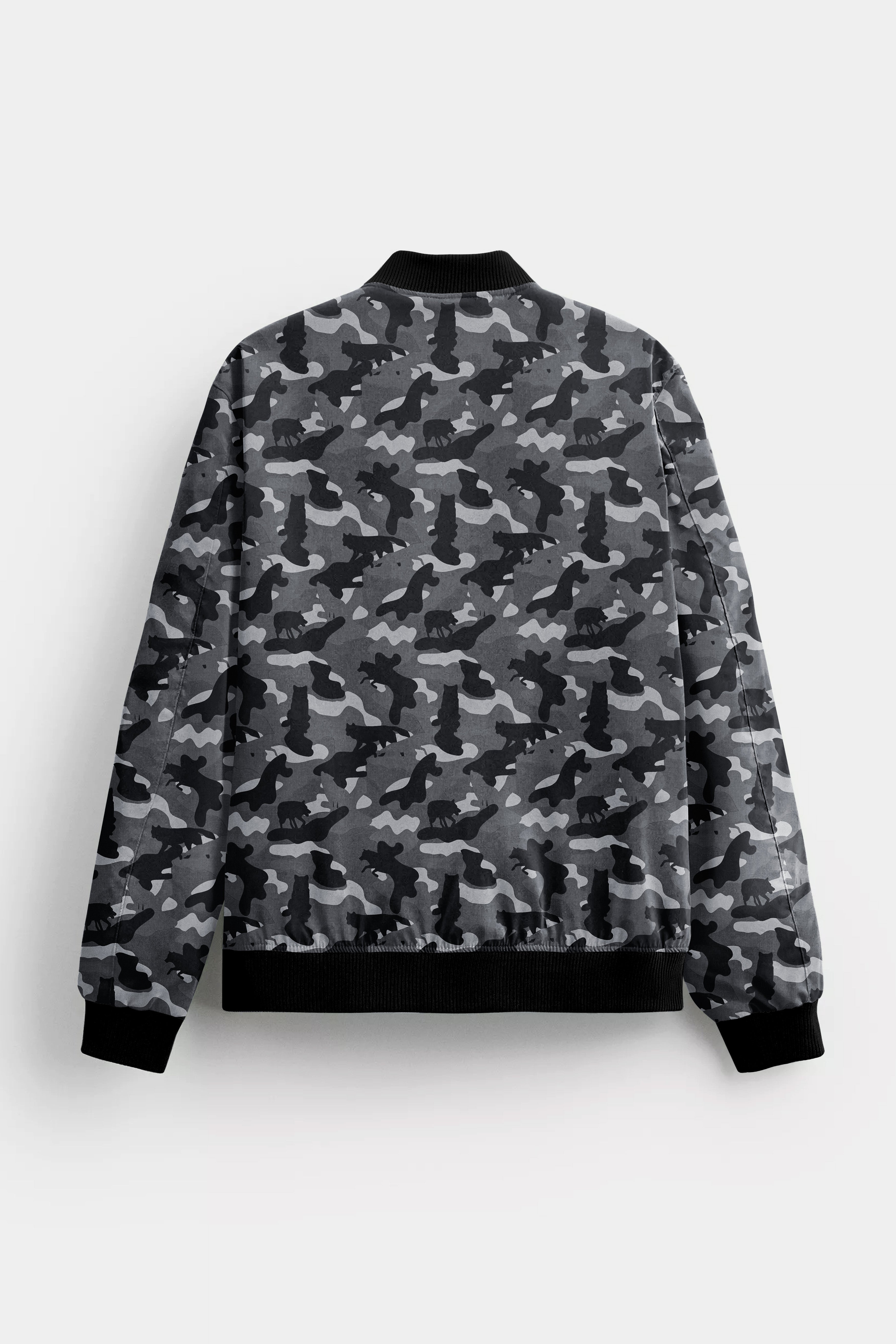 Carbon Gray And Cinder Black Camouflage Printed Premium Cotton Bomber Jacket