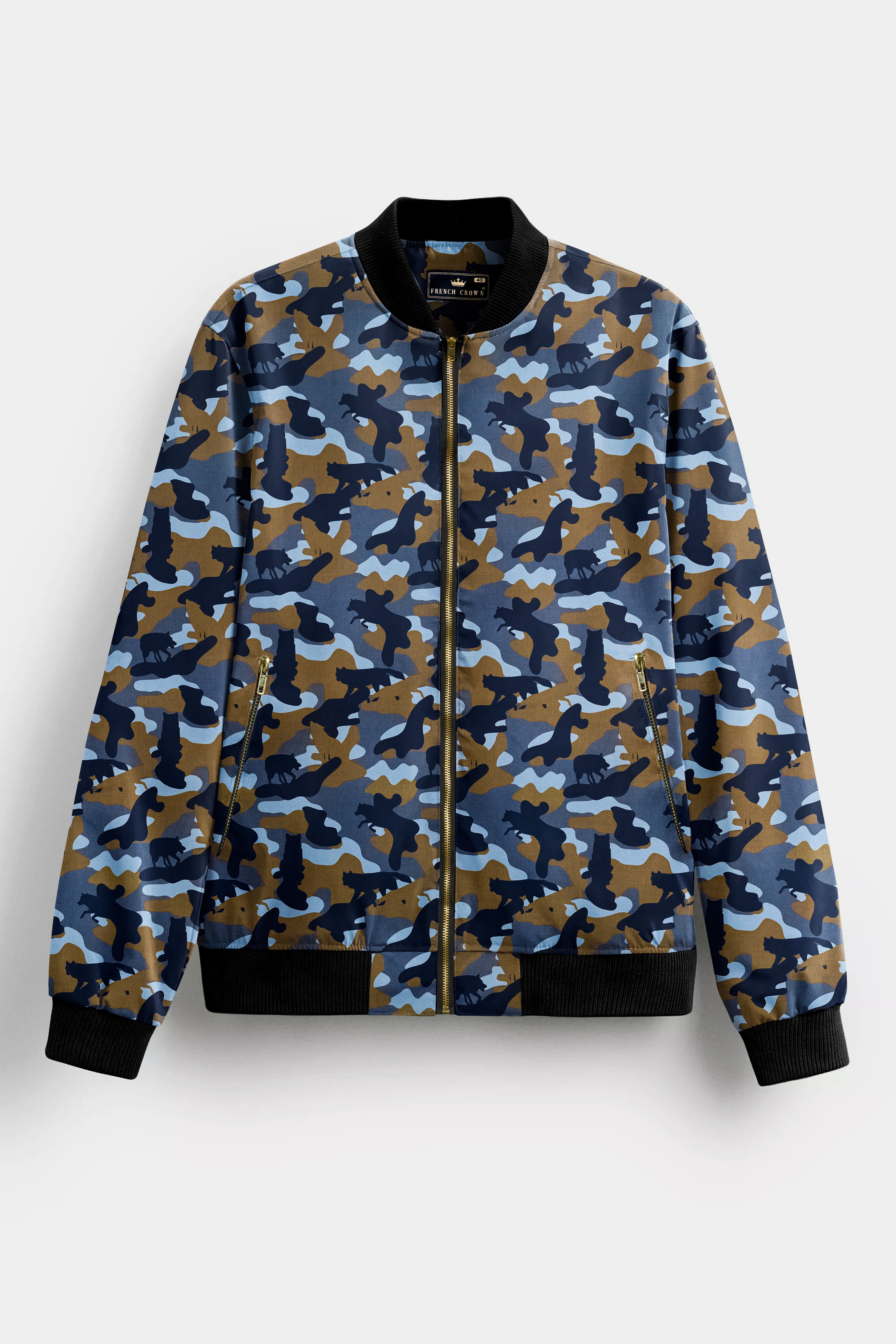 Martinique Blue And Irish Brown Camouflage Printed Premium Cotton Bomber Jacket