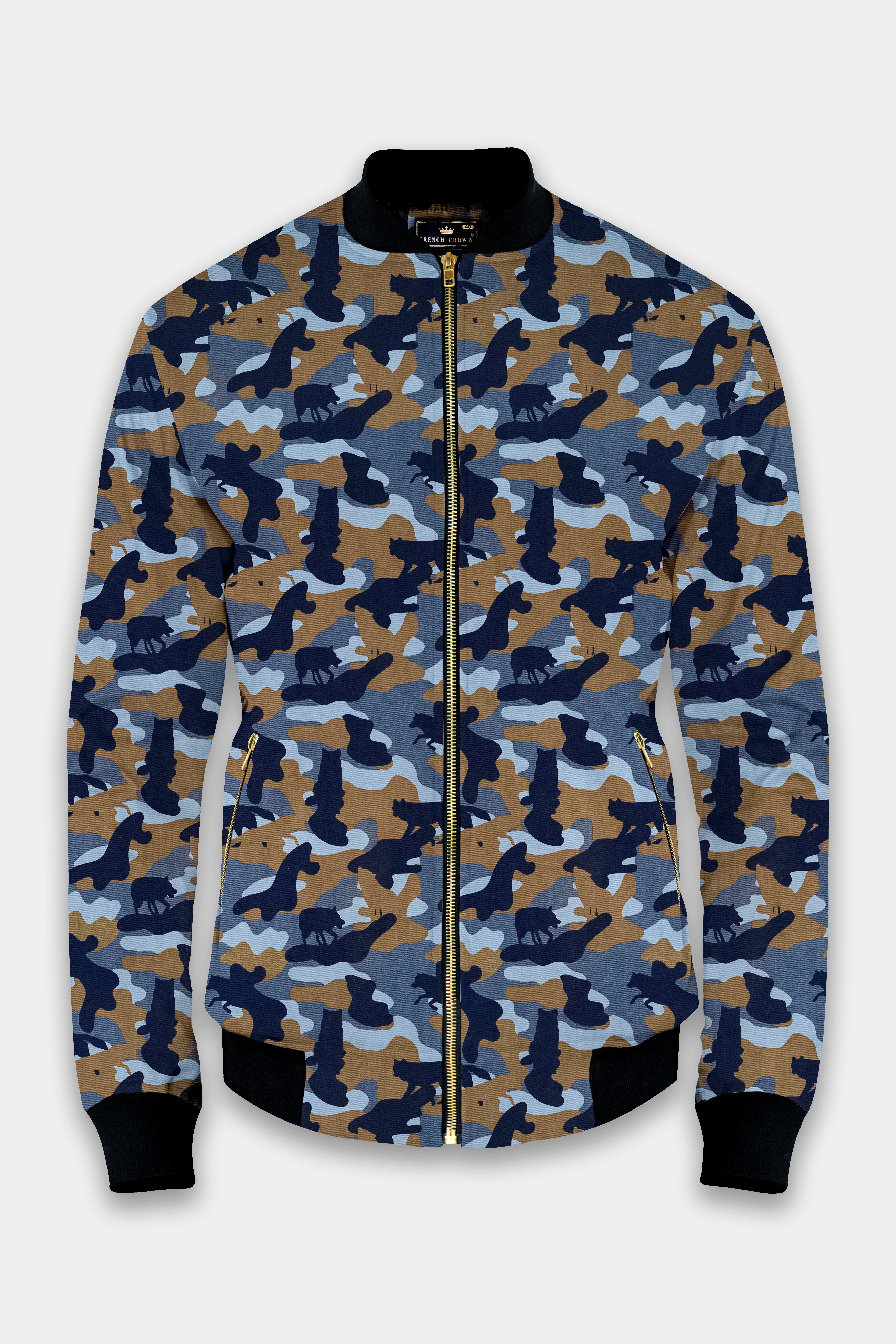 Martinique Blue And Irish Brown Camouflage Printed Premium Cotton Bomber Jacket