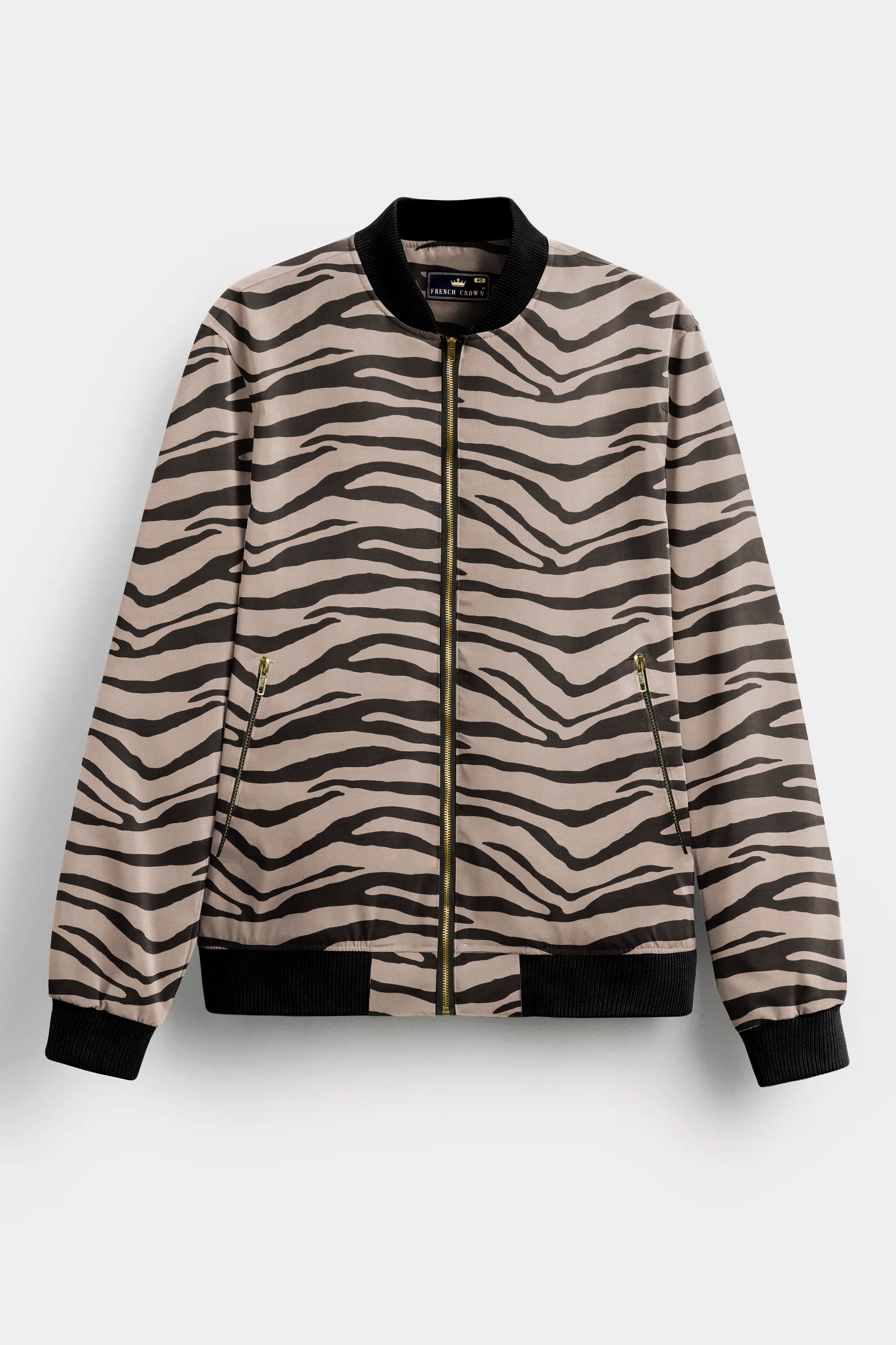 Silk Cream And Zeus Brown Animal Printed Corduroy Premium Cotton Bomber Jacket